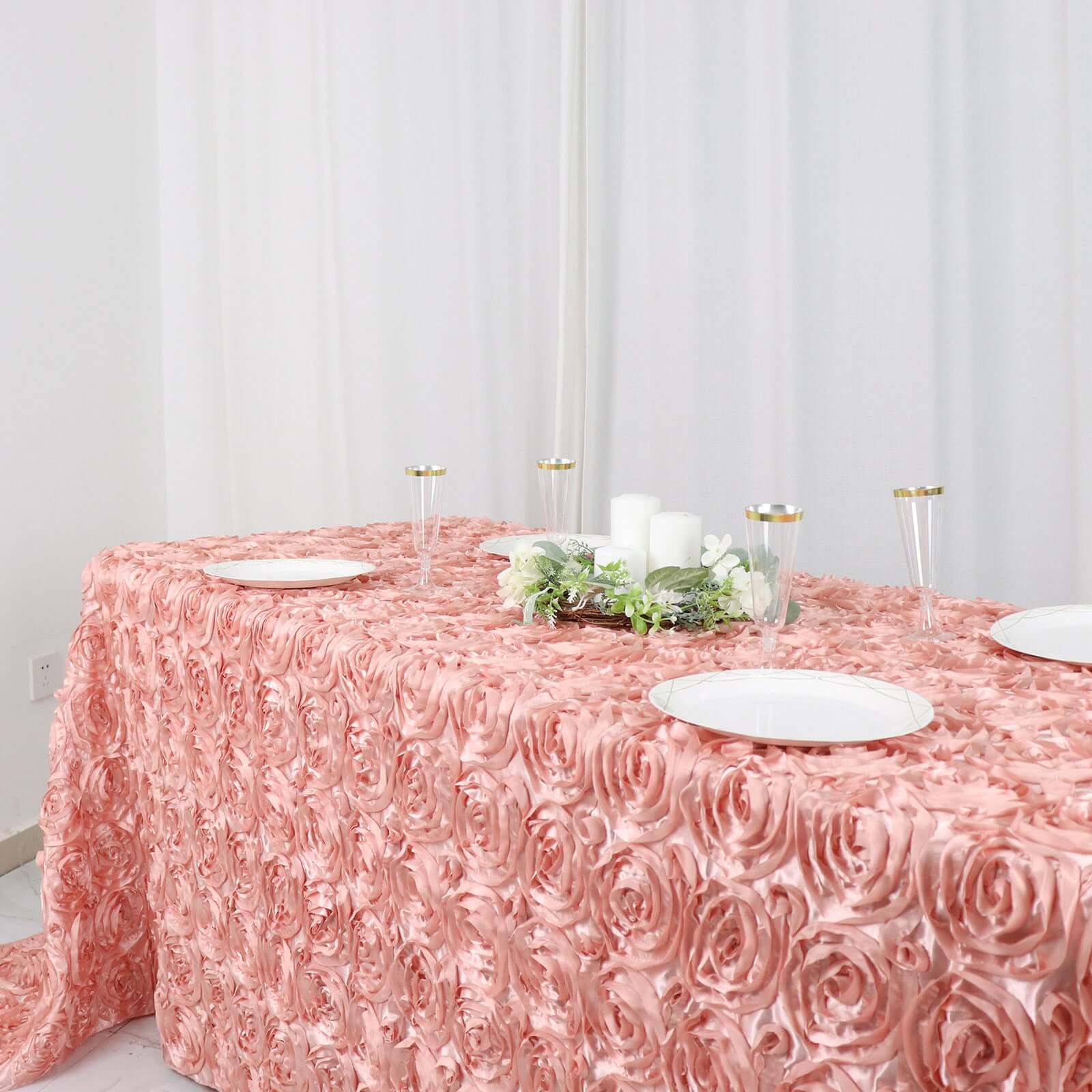 Satin Rectangle Tablecloth 90"x132" Dusty Rose - Grandiose 3D Rosette Table Cover - Image 10