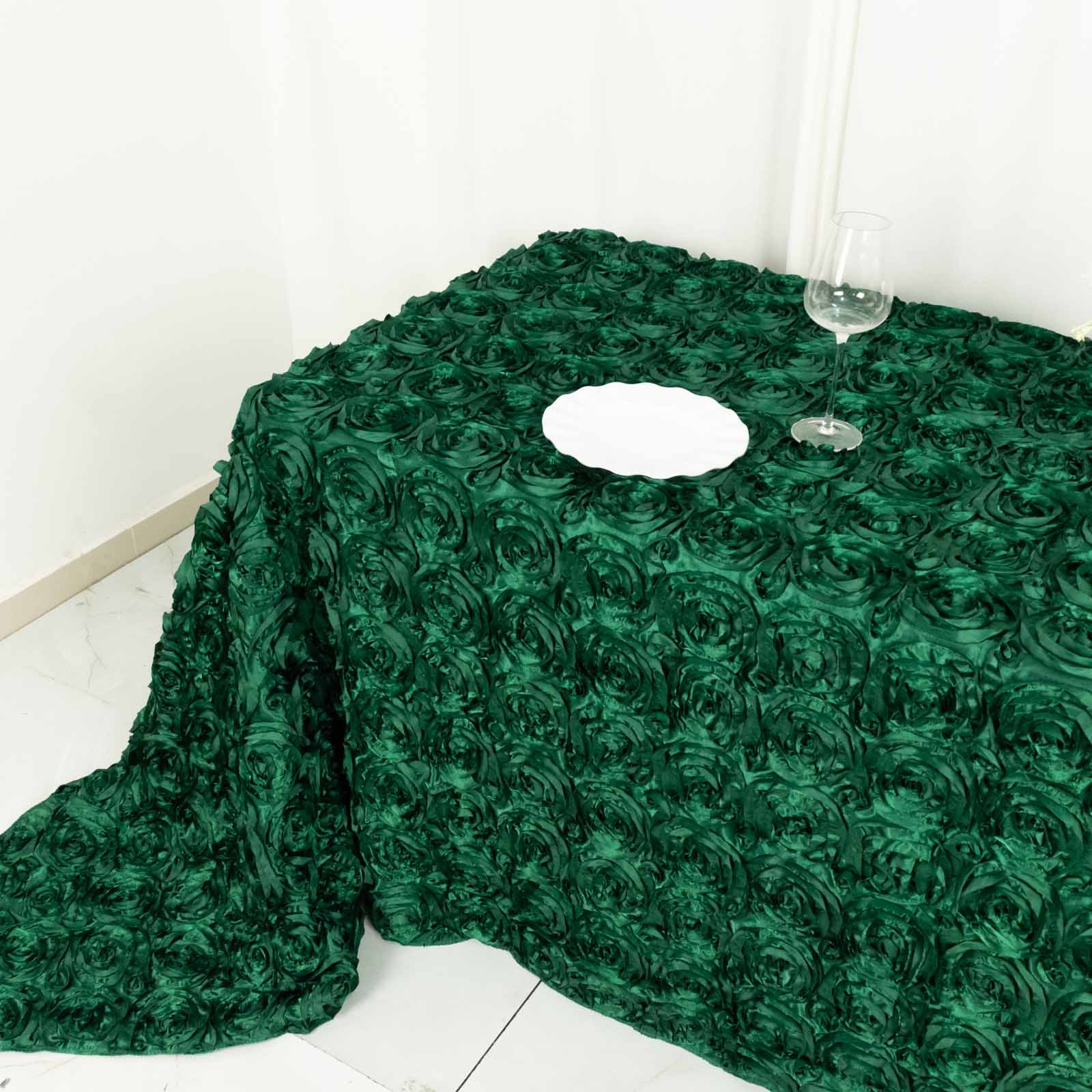 Satin Rectangle Tablecloth 90"x132" Hunter Emerald Green - Grandiose 3D Rosette Table Cover - Image 16