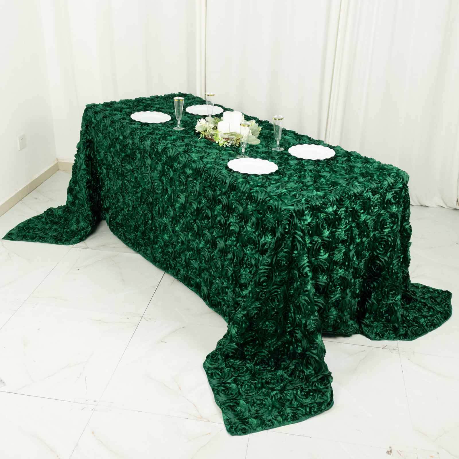 Satin Rectangle Tablecloth 90"x132" Hunter Emerald Green - Grandiose 3D Rosette Table Cover - Image 5