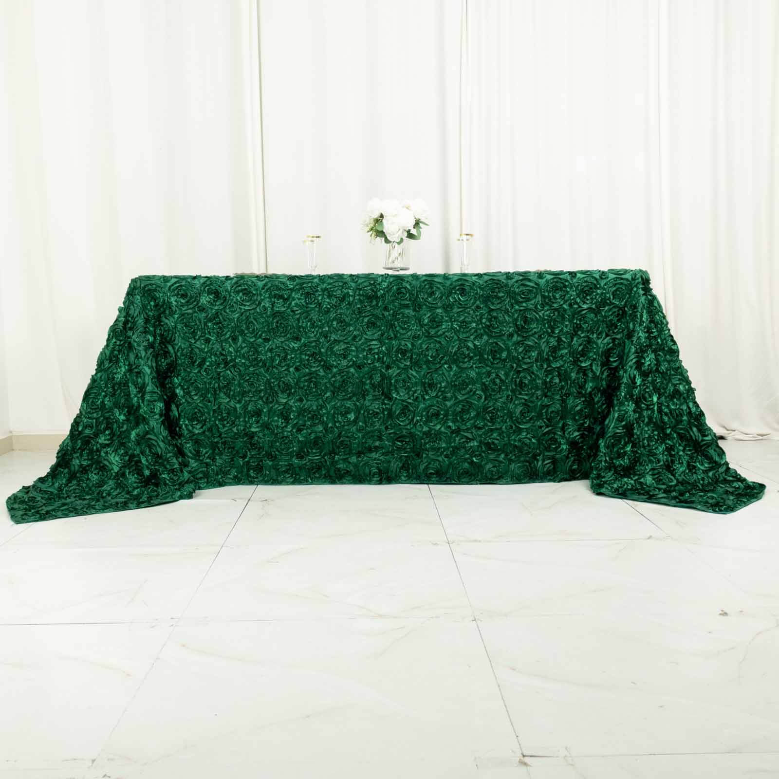 Satin Rectangle Tablecloth 90"x132" Hunter Emerald Green - Grandiose 3D Rosette Table Cover - Image 8