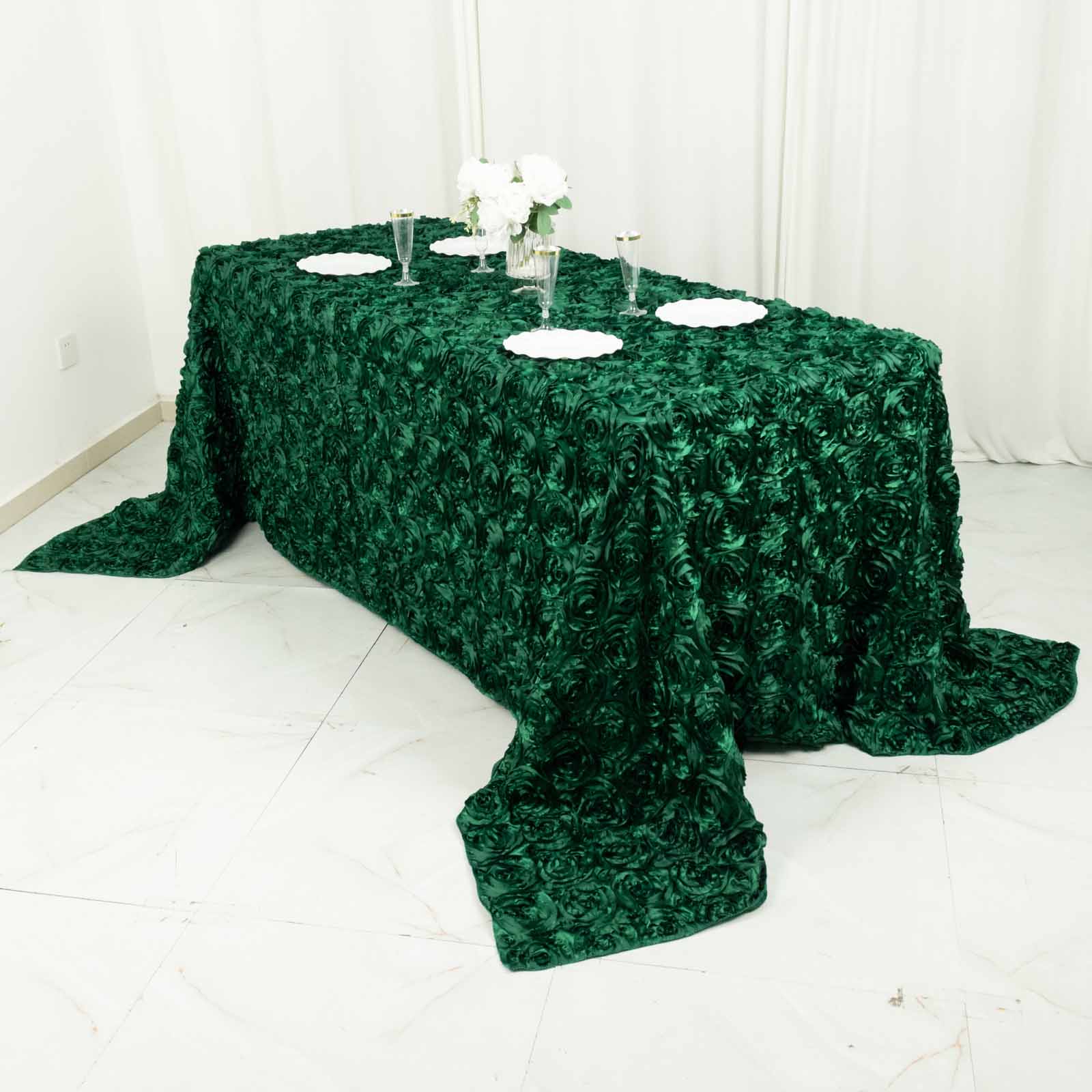 Satin Rectangle Tablecloth 90"x132" Hunter Emerald Green - Grandiose 3D Rosette Table Cover - Image 9