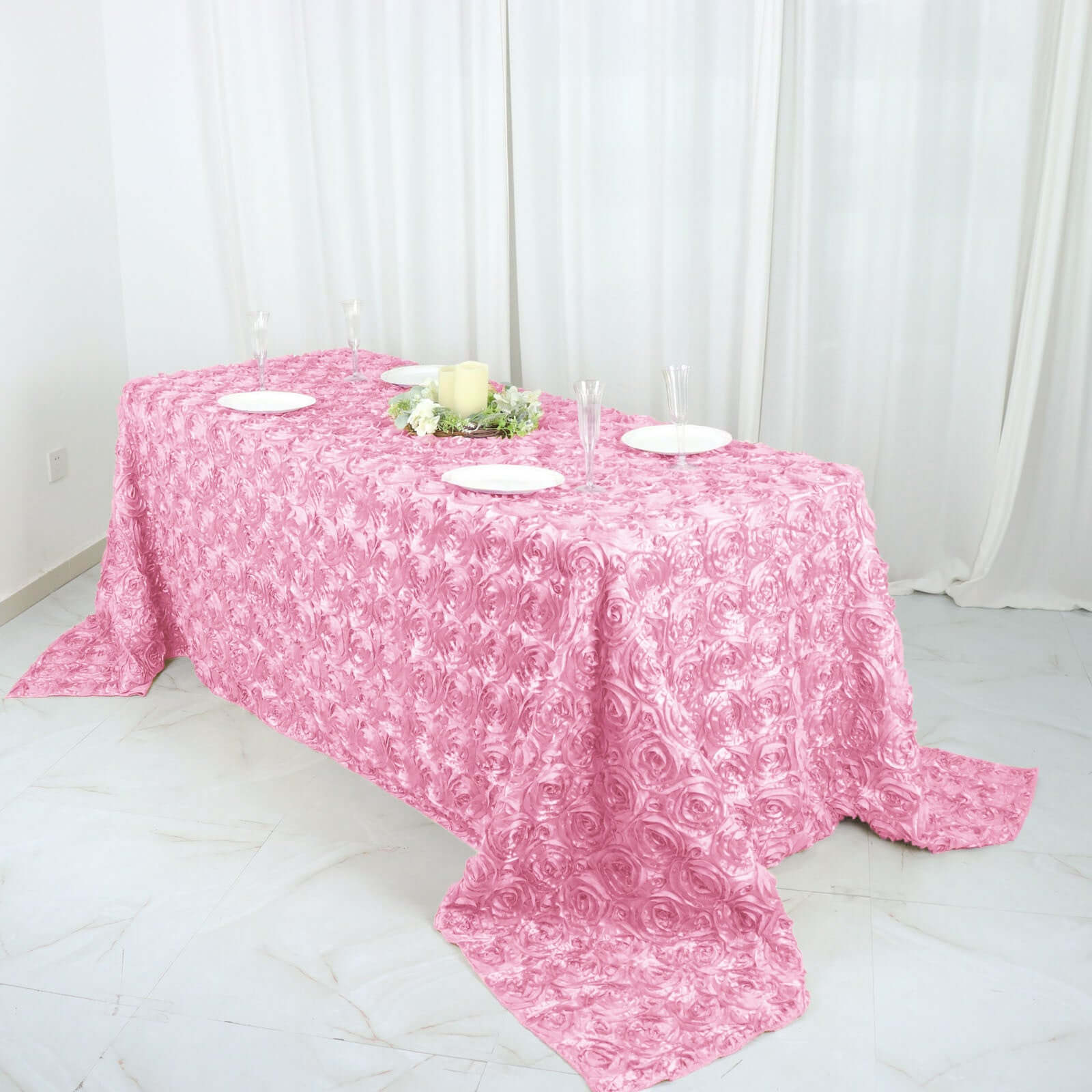 Satin Rectangle Tablecloth 90"x132" Pink - Grandiose 3D Rosette Table Cover - Image 5