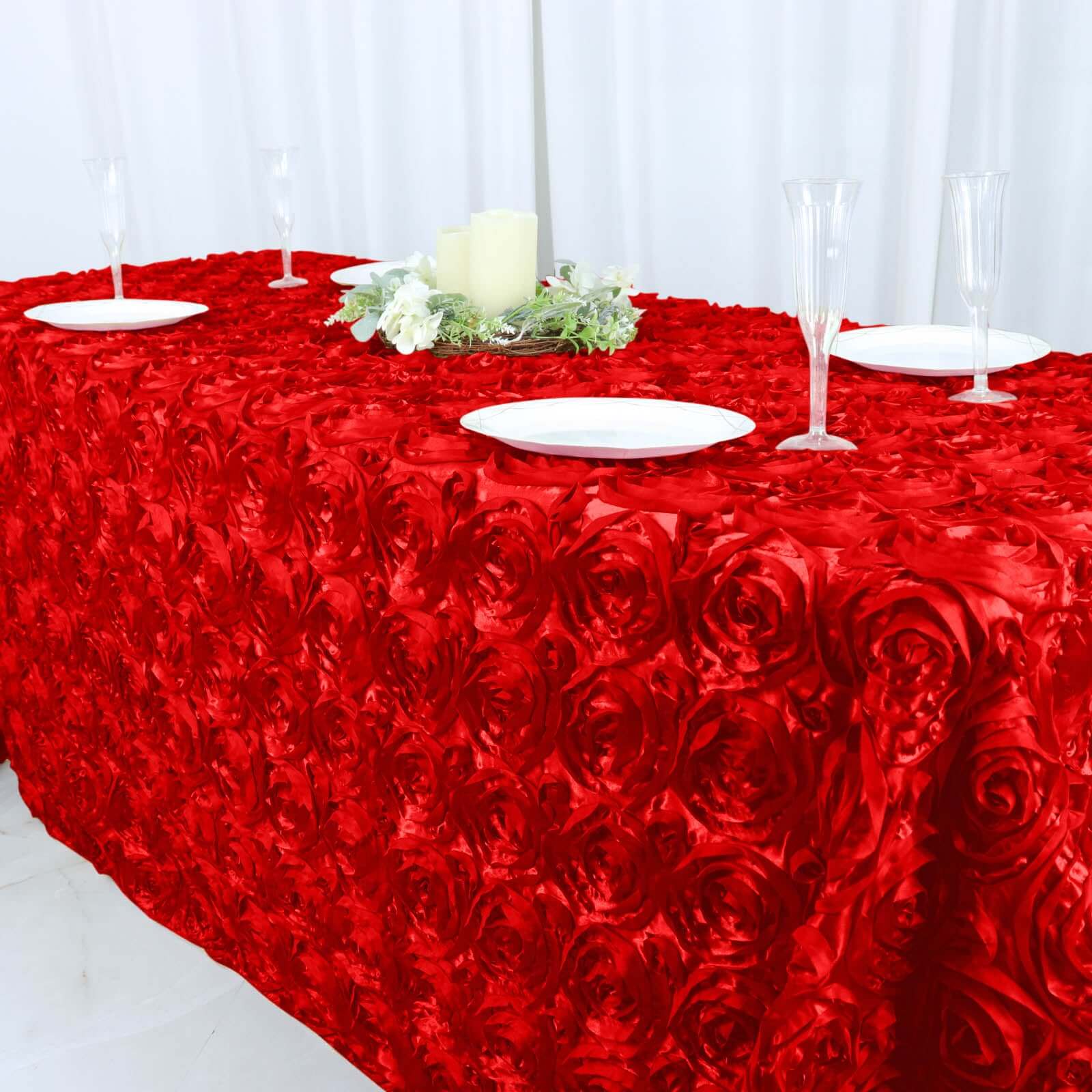 Satin Rectangle Tablecloth 90"x132" Red - Grandiose 3D Rosette Table Cover - Image 2