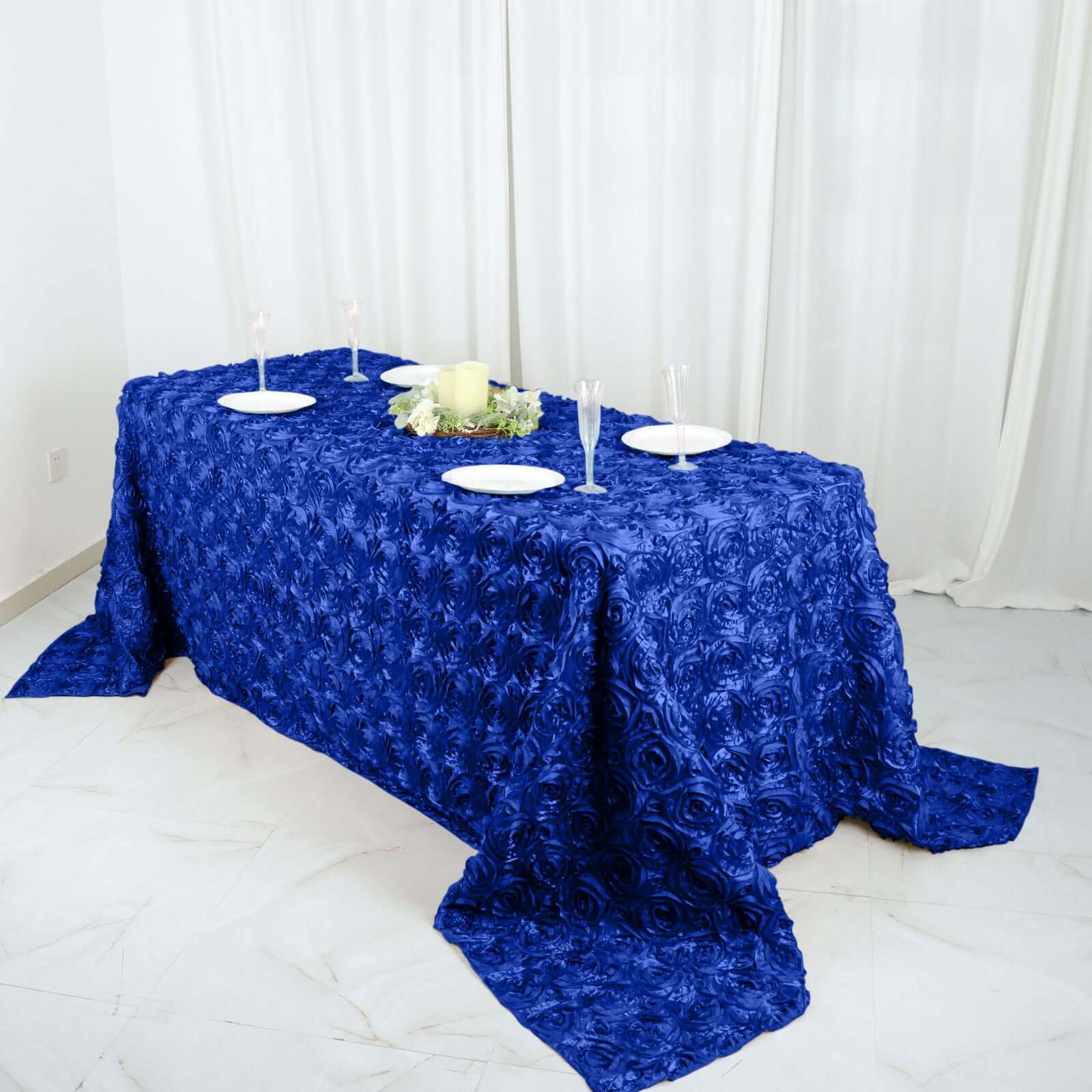 Satin Rectangle Tablecloth 90"x132" Royal Blue - Grandiose 3D Rosette Table Cover - Image 5
