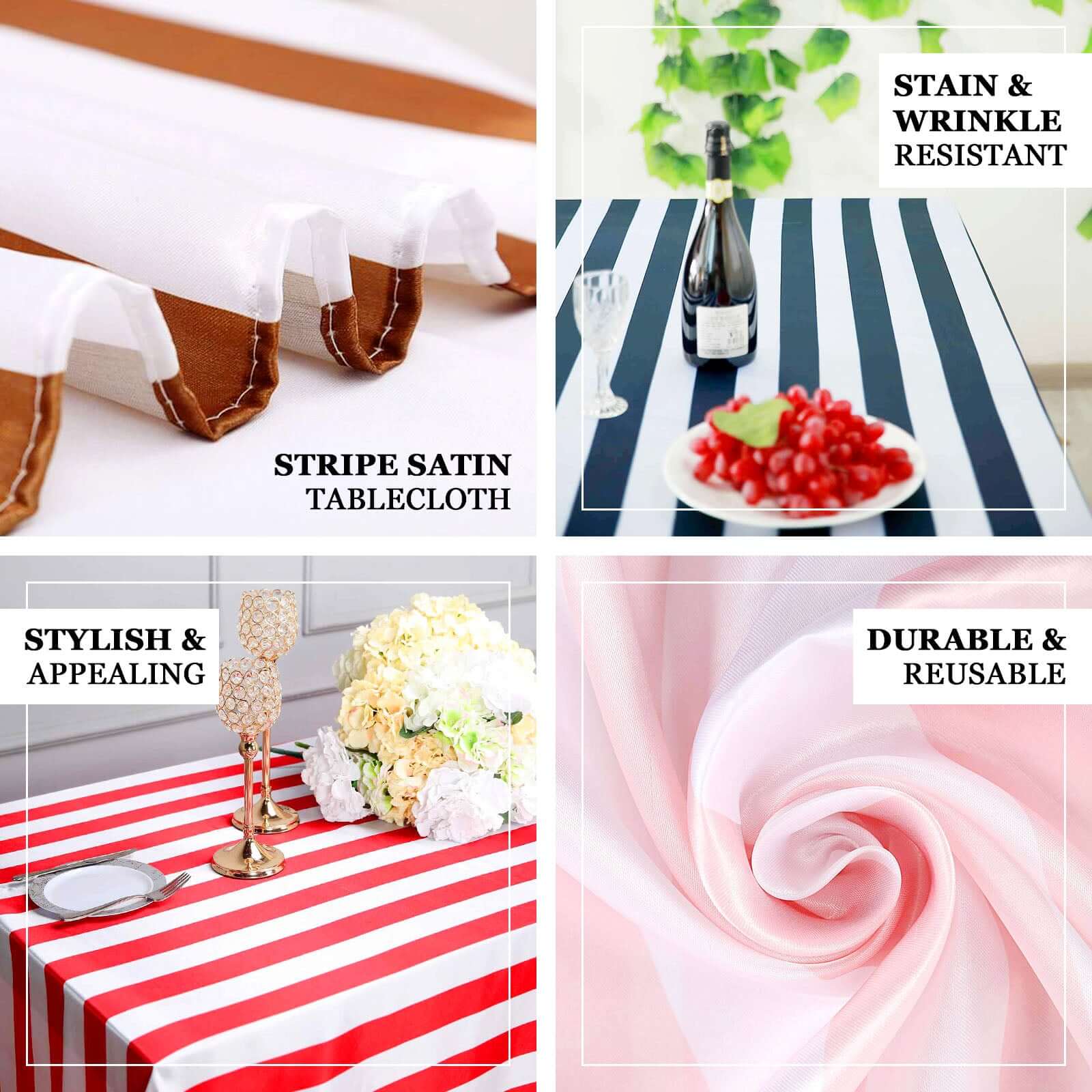 Satin Rectangle Tablecloth 90"x156" Black/White Striped Design - Durable & Seamless Table Cover - Image 3