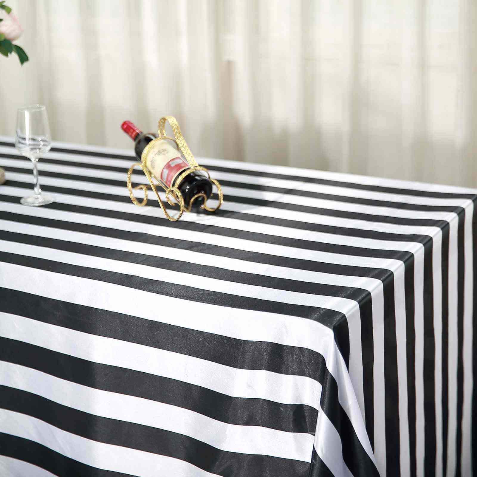 Satin Rectangle Tablecloth 90"x156" Black/White Striped Design - Durable & Seamless Table Cover - Image 7