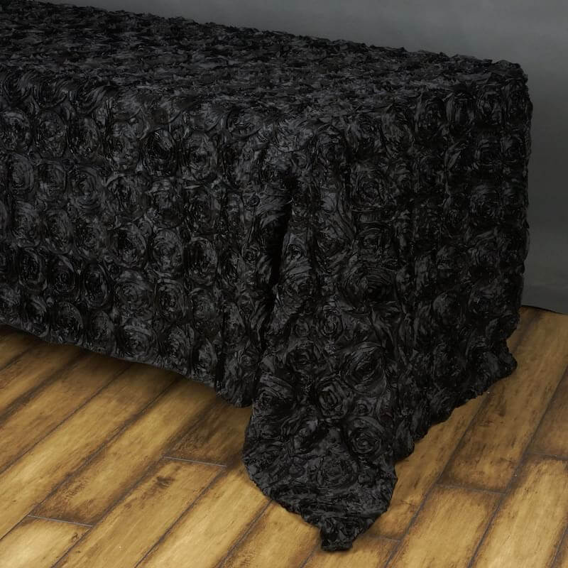 Satin Rectangle Tablecloth 90"x156" Black with Grandiose 3D Rosette Design - Seamless Table Cover - Image 5