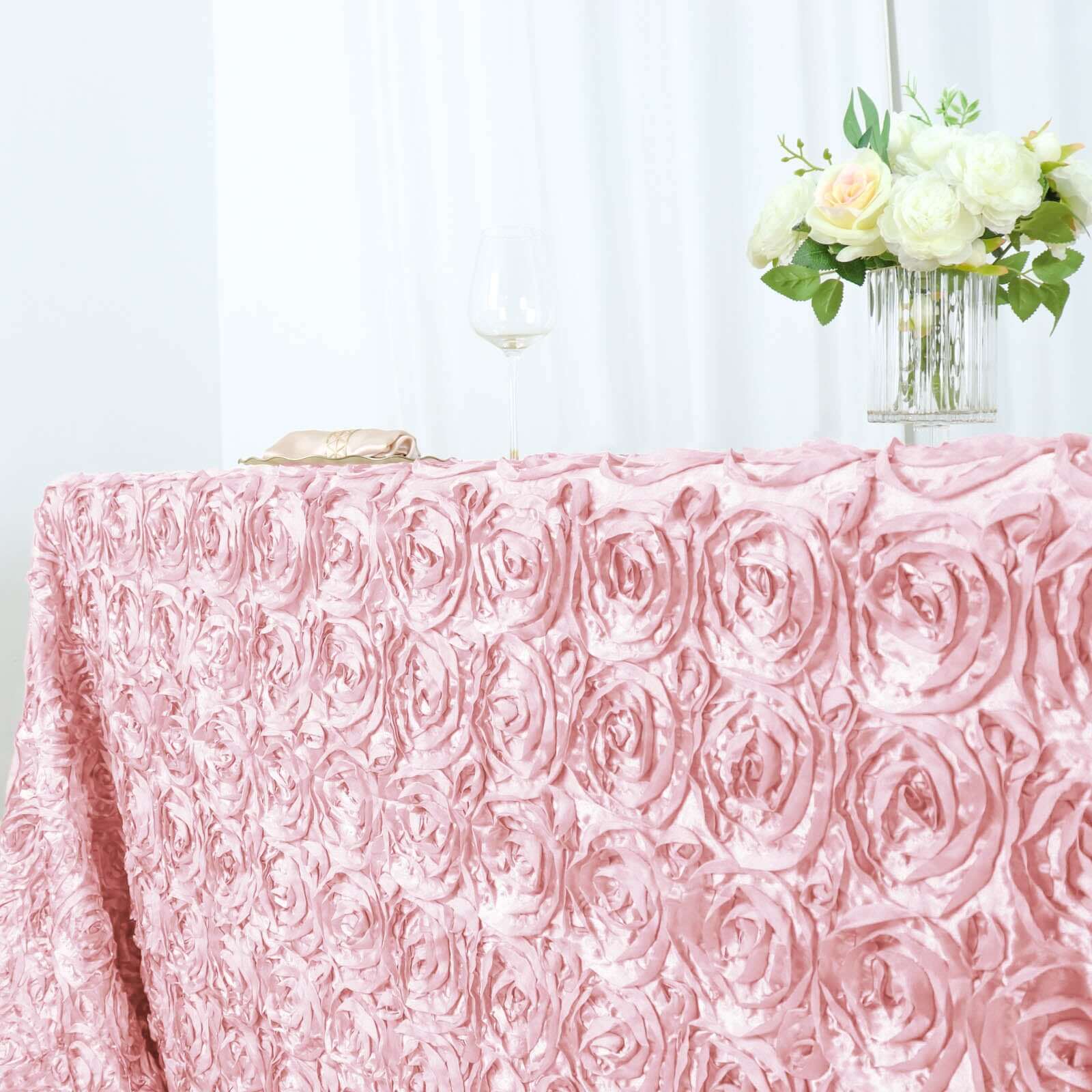 Satin Rectangle Tablecloth 90"x156" Blush with Grandiose 3D Rosette Design - Seamless Table Cover - Image 2