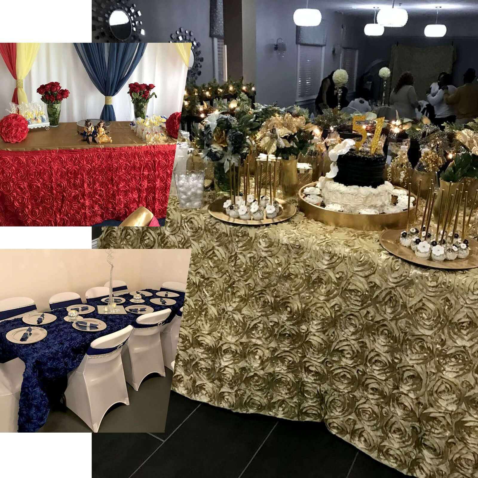 Satin Rectangle Tablecloth 90"x156" Ivory with Grandiose 3D Rosette Design - Seamless Table Cover - Image 5
