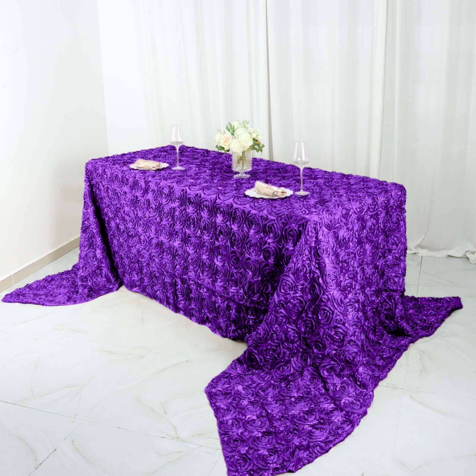 Satin Rectangle Tablecloth 90"x156" Purple with Grandiose 3D Rosette Design - Seamless Table Cover - Image 5