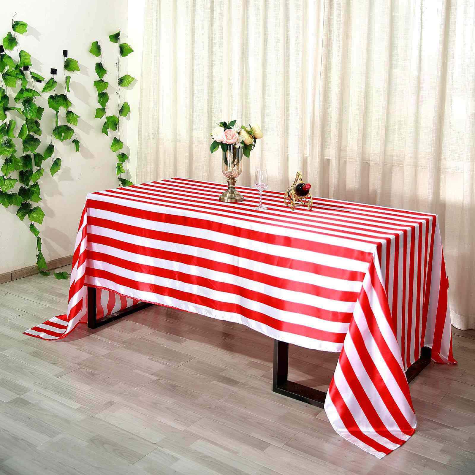 Satin Rectangle Tablecloth 90"x156" Red/White Striped Design - Durable & Seamless Table Cover - Image 2