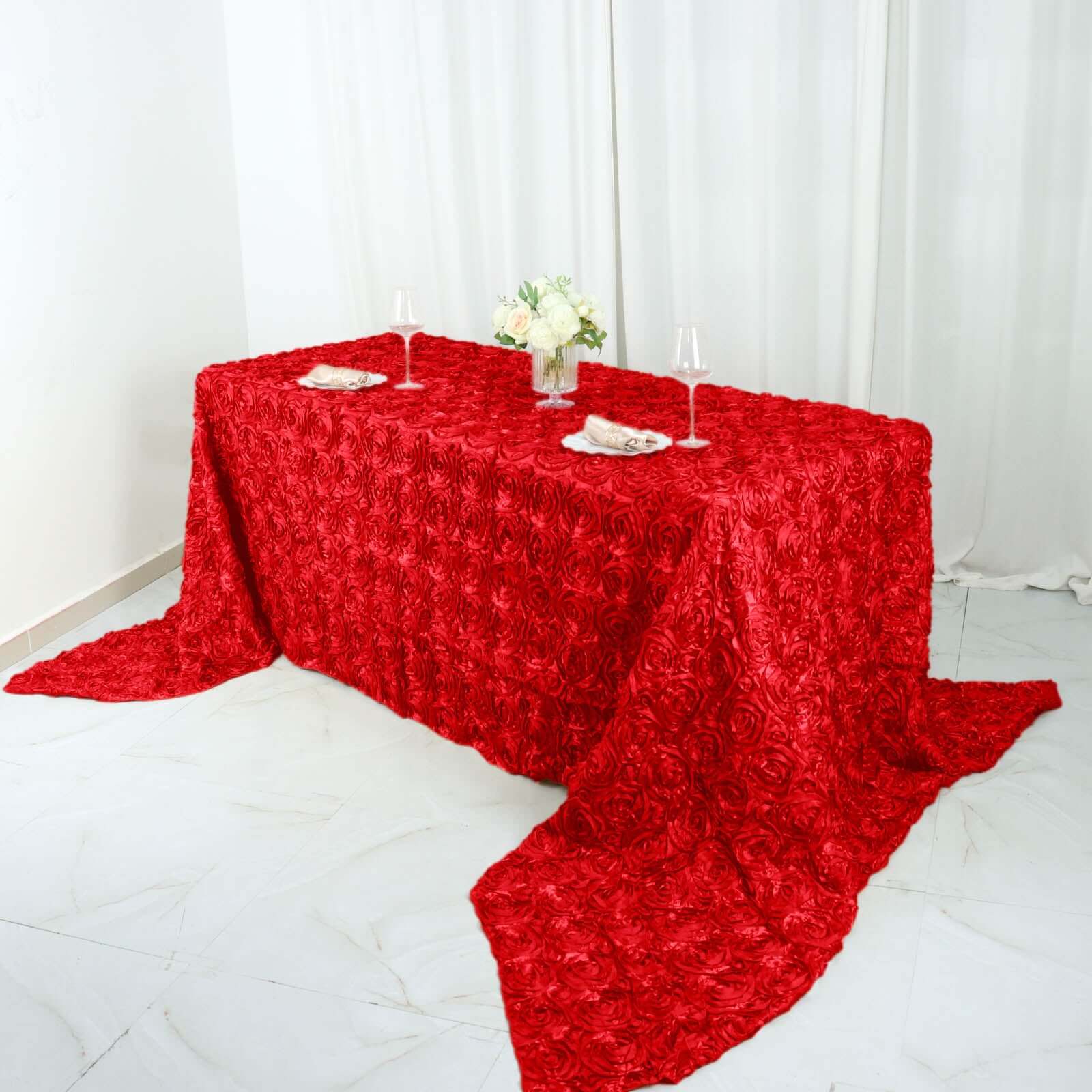 Satin Rectangle Tablecloth 90"x156" Red with Grandiose 3D Rosette Design - Seamless Table Cover - Image 5
