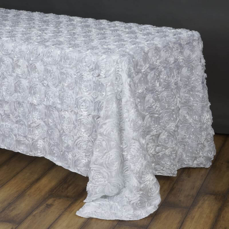 Satin Rectangle Tablecloth 90"x156" White with Grandiose 3D Rosette Design - Seamless Table Cover for Upscale Occasions - Image 2