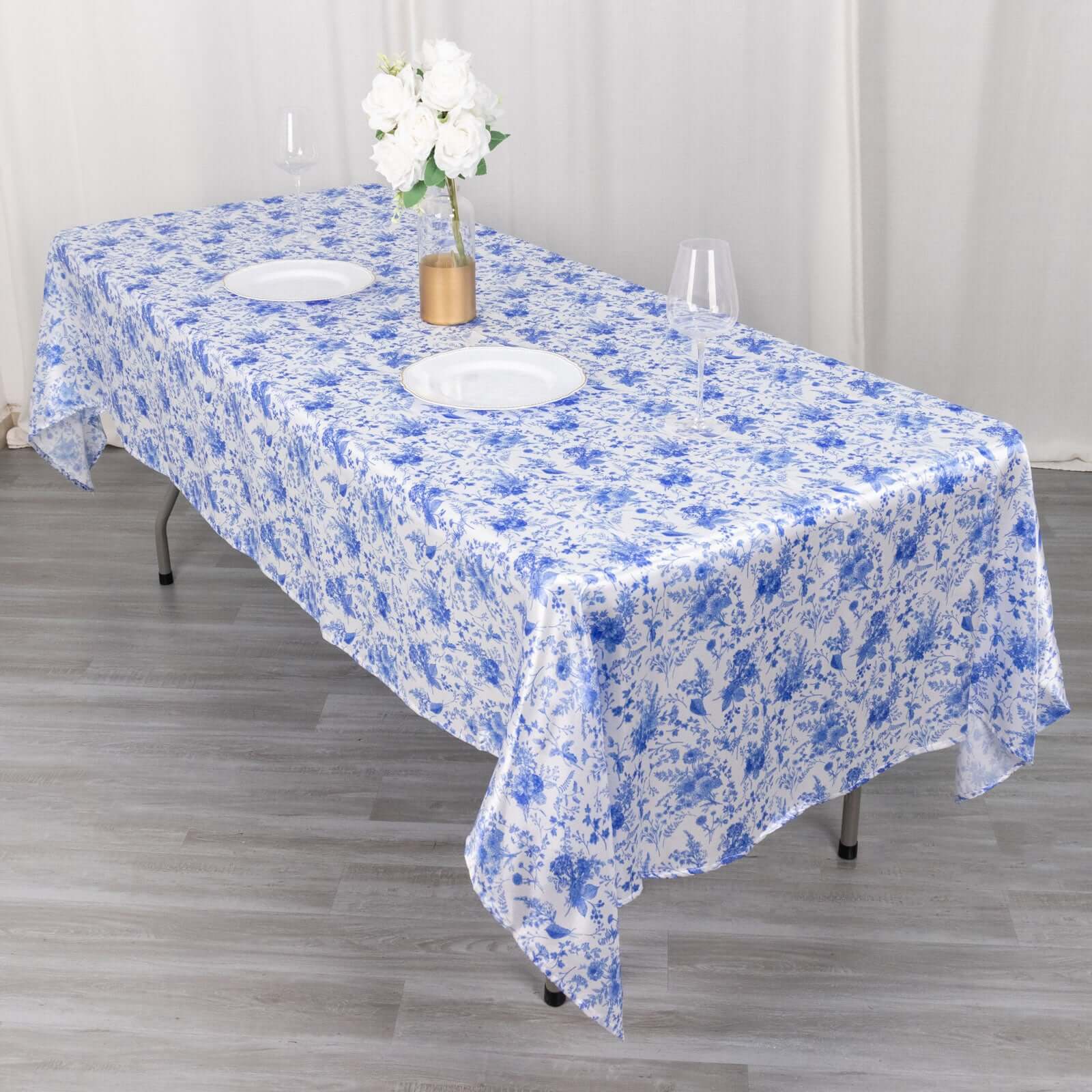 Satin Rectangular Tablecloth 60"x102" White/Blue French Toile Design - Reusable, Polished & Wrinkle-Resistant Table Cover - Image 3
