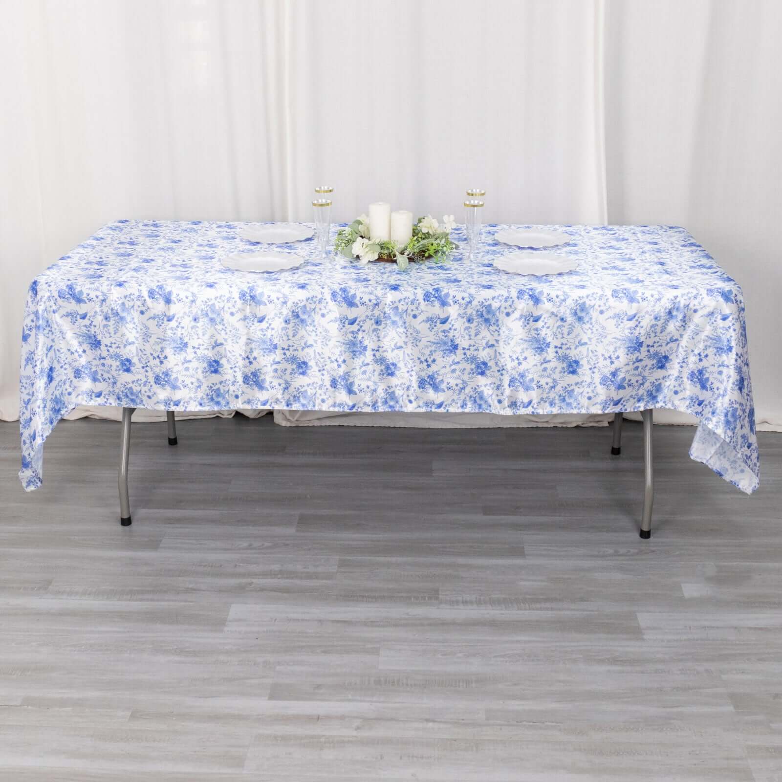 Satin Rectangular Tablecloth 60"x102" White/Blue French Toile Design - Reusable, Polished & Wrinkle-Resistant Table Cover - Image 4
