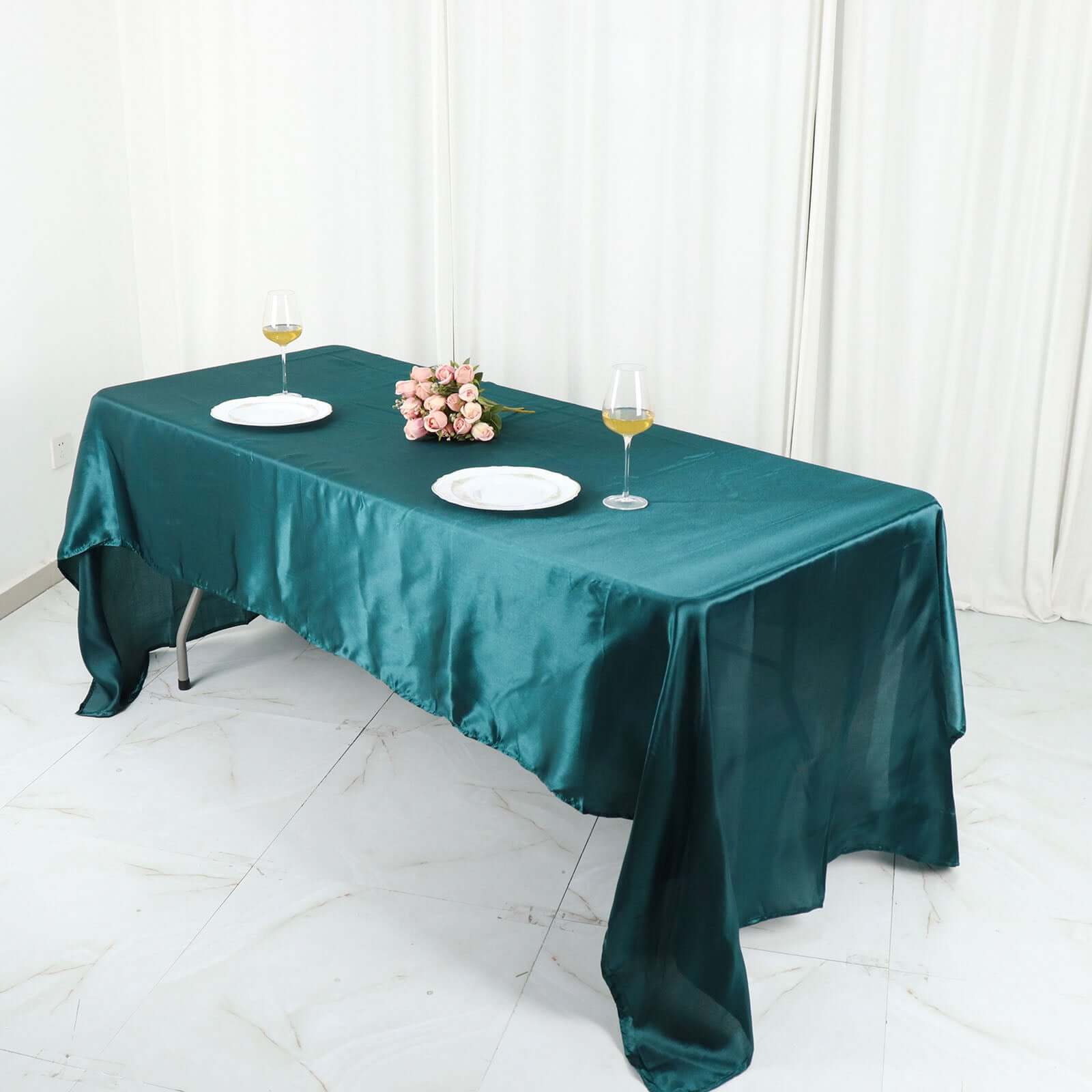 Satin Rectangular Tablecloth 60"x126" Peacock Teal - Wrinkle-Resistant & Durable Table Cover - Image 3