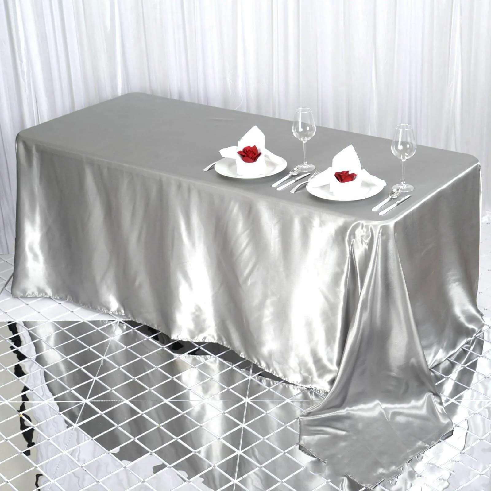 Satin Rectangular Tablecloth 90"x132" Silver - Seamless Table Cover - Image 2