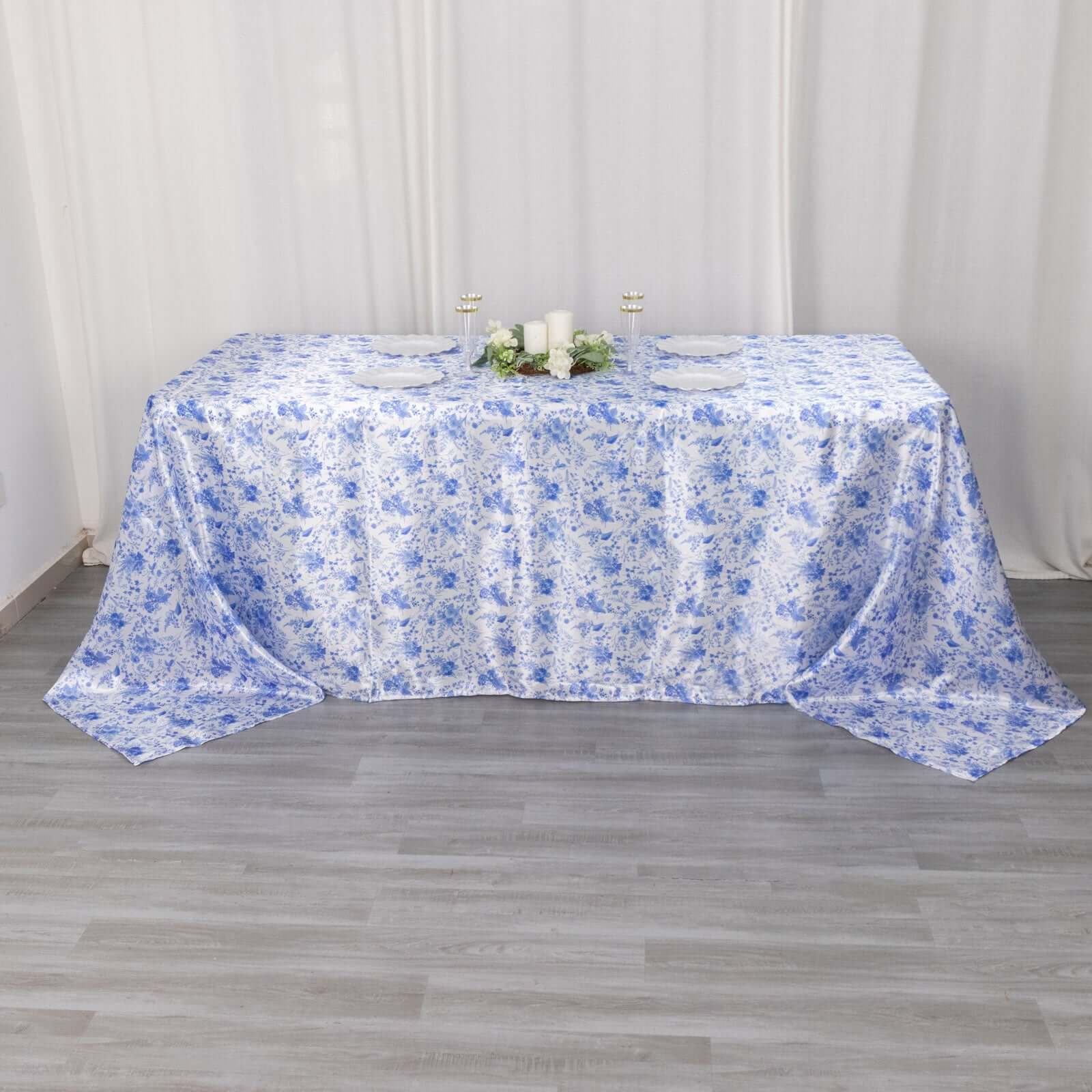 Satin Rectangular Tablecloth 90"x132" White/Blue French Toile Design - Seamless, Polished & Wrinkle-Resistant Table Cover - Image 3