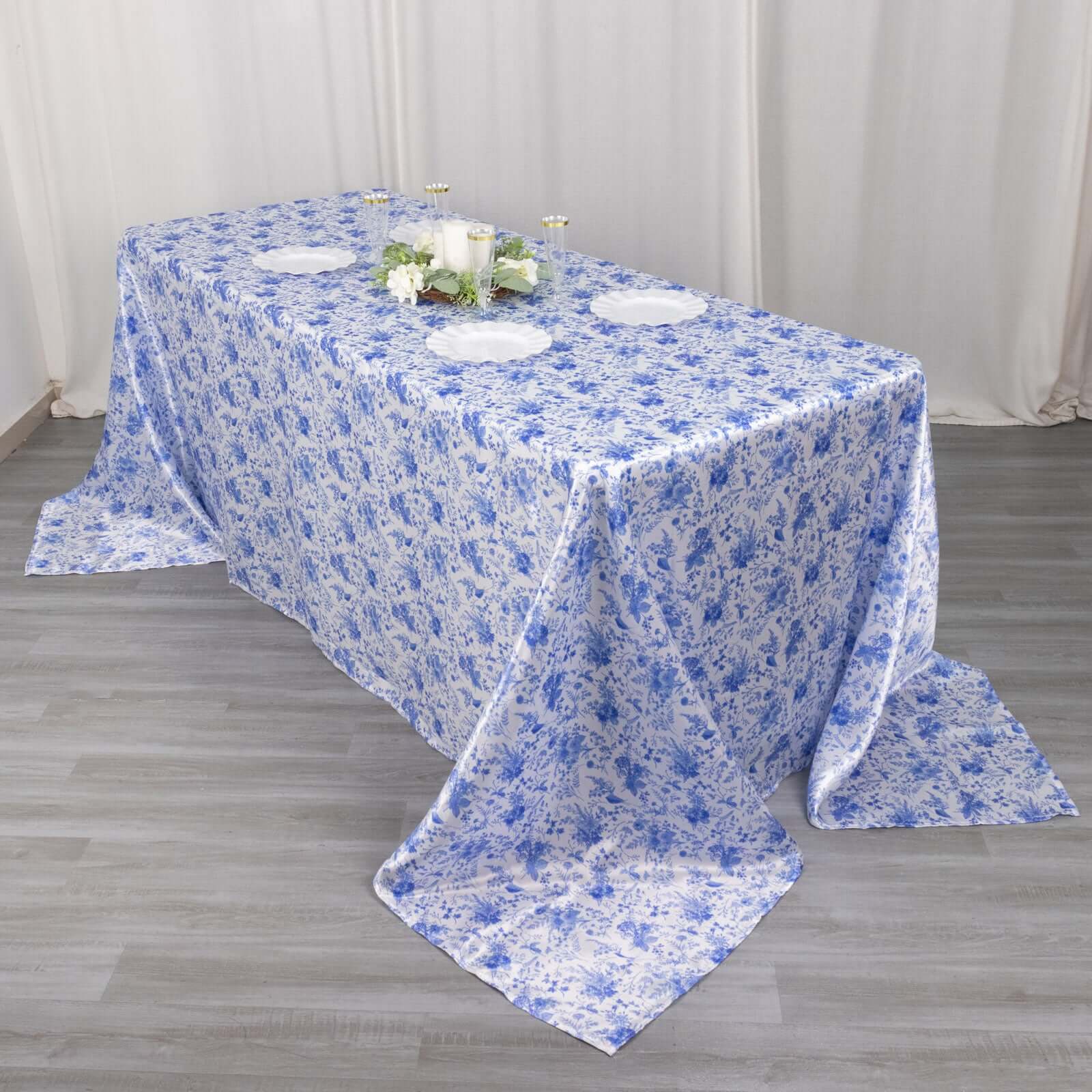 Satin Rectangular Tablecloth 90"x132" White/Blue French Toile Design - Seamless, Polished & Wrinkle-Resistant Table Cover - Image 4