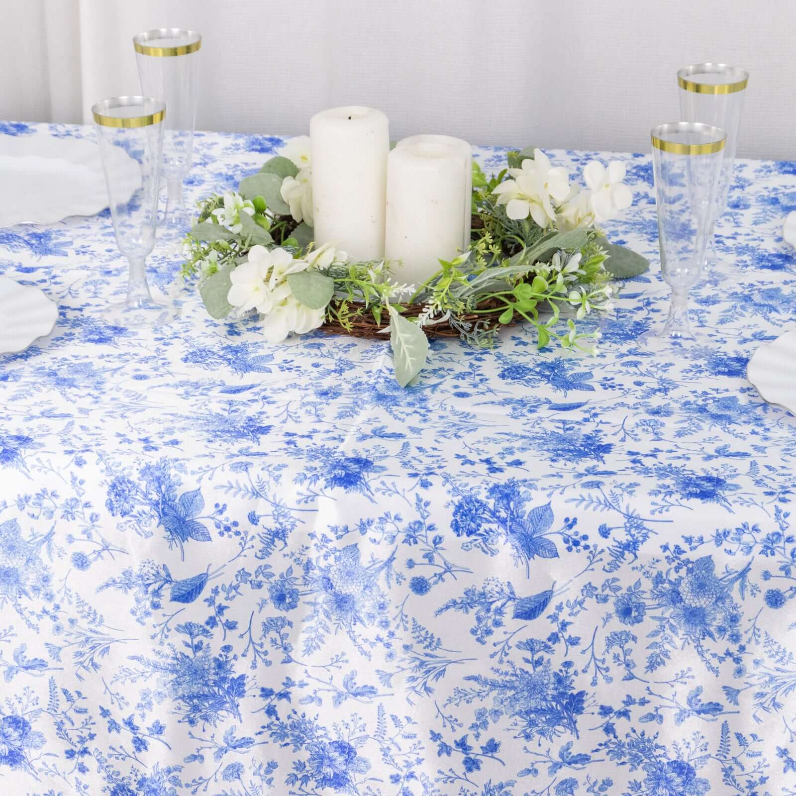 Satin Rectangular Tablecloth 90"x132" White/Blue French Toile Design - Seamless, Polished & Wrinkle-Resistant Table Cover - Image 5