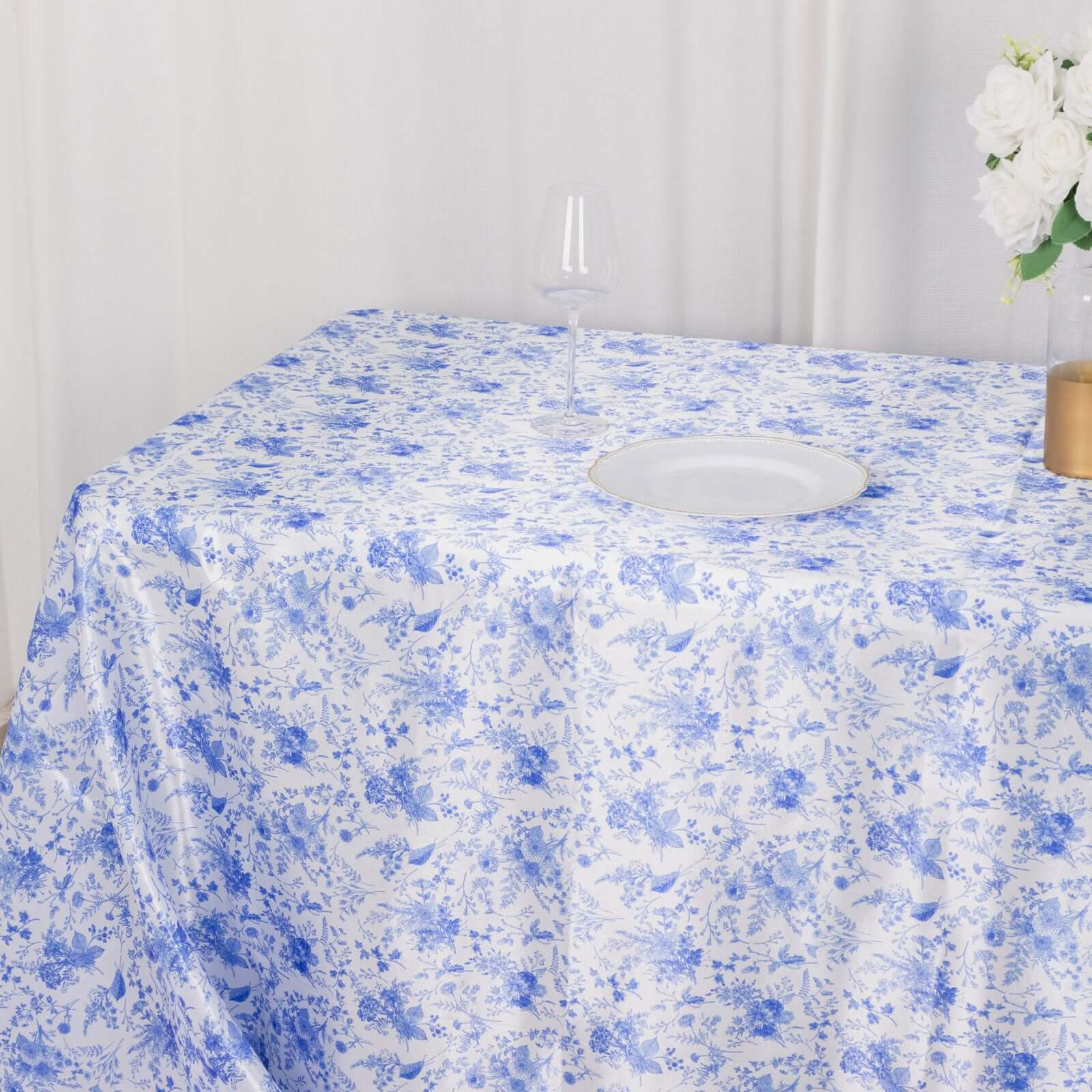 Satin Rectangular Tablecloth 90"x132" White/Blue French Toile Design - Seamless, Polished & Wrinkle-Resistant Table Cover - Image 7