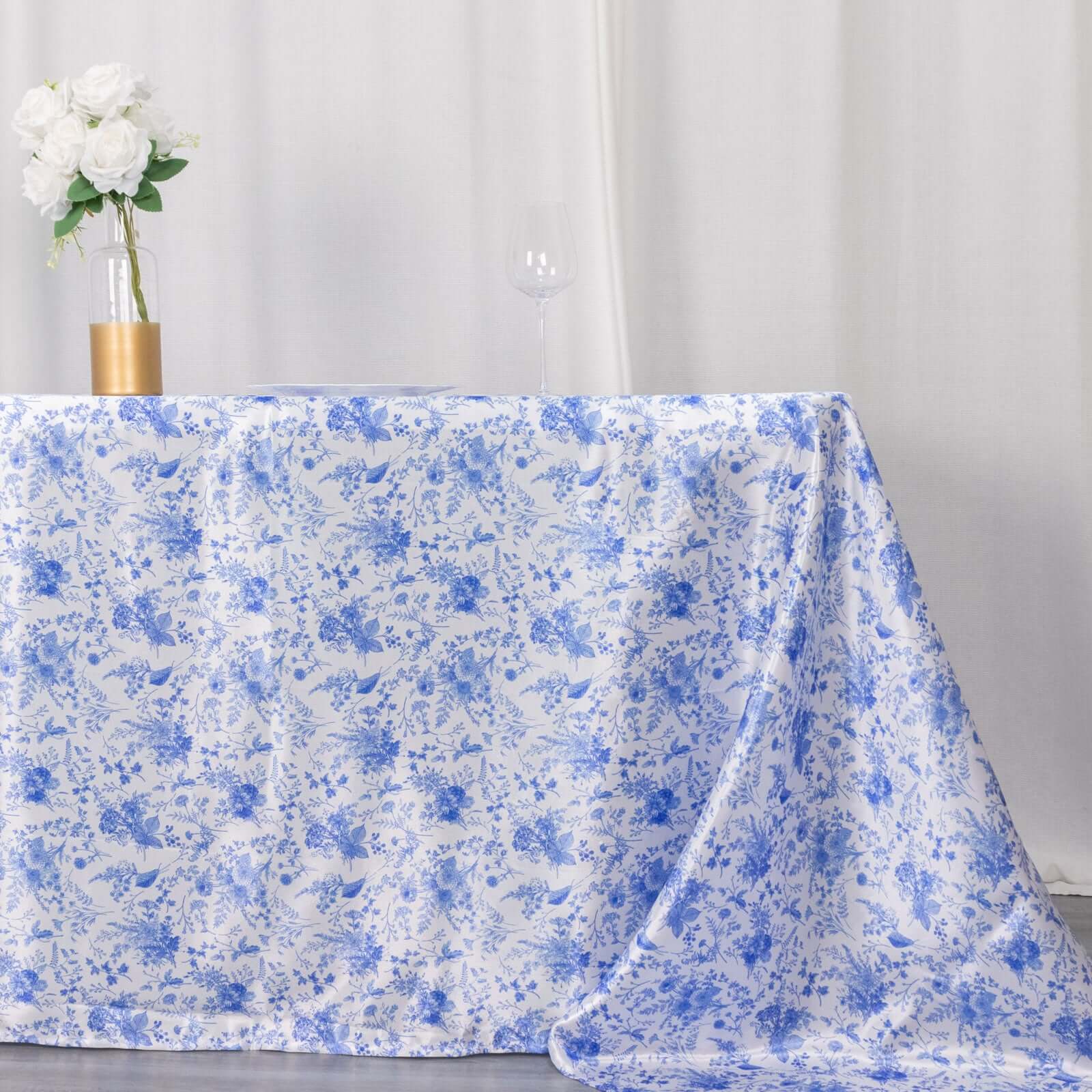 Satin Rectangular Tablecloth 90"x156" White/Blue French Toile Design - Seamless, Polished & Wrinkle-Resistant Table Cover - Image 2