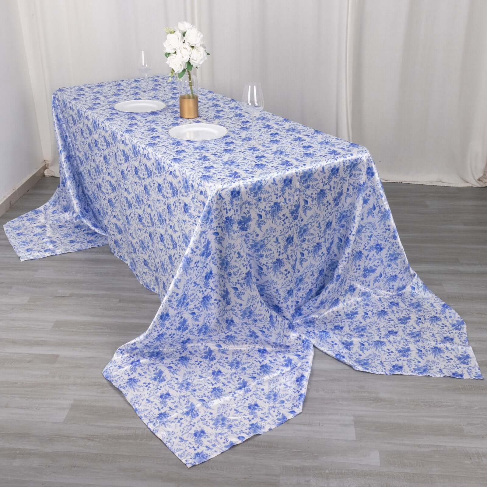 Satin Rectangular Tablecloth 90"x156" White/Blue French Toile Design - Seamless, Polished & Wrinkle-Resistant Table Cover - Image 3