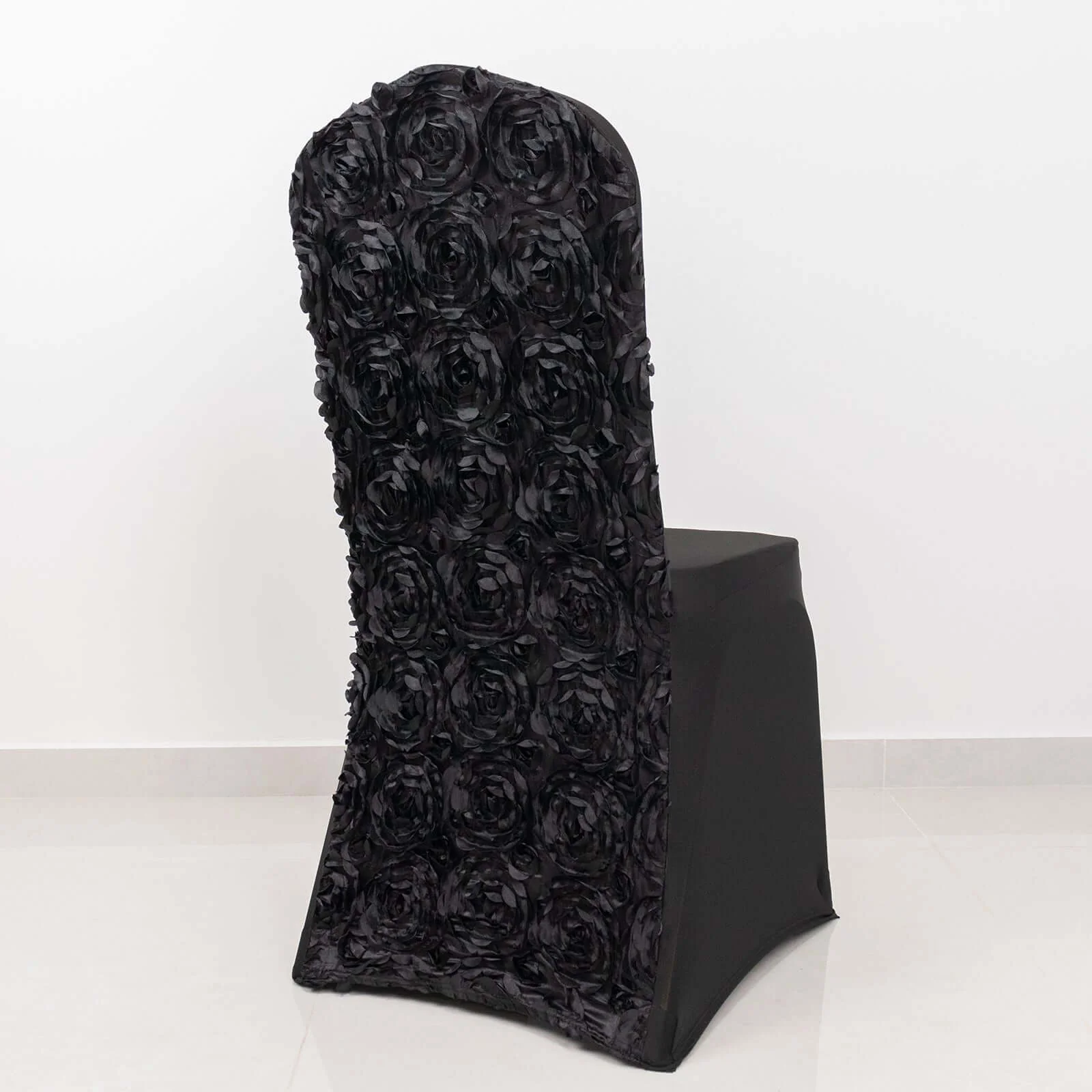 Satin Rosette Spandex Stretch Banquet Chair Cover Black - Fitted Slip-On Slipcover - Image 6