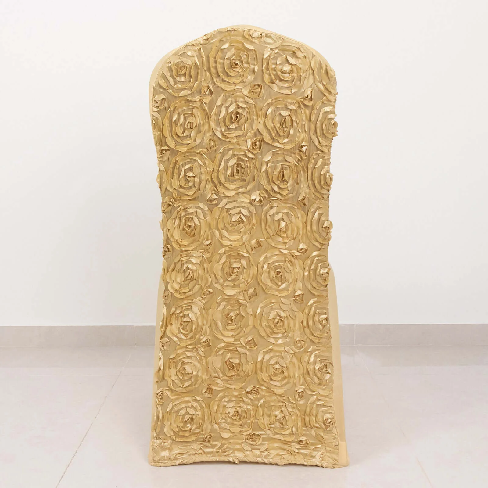 Satin Rosette Spandex Stretch Banquet Chair Cover Champagne - Fitted Slip-On Slipcover - Image 2