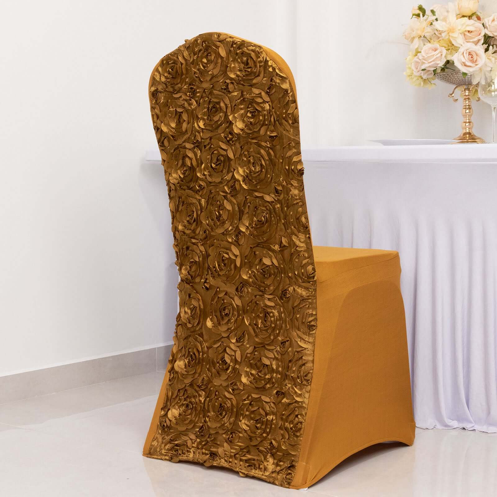 Satin Rosette Spandex Stretch Banquet Chair Cover Gold - Fitted Slip-On Slipcover for Weddings & Events