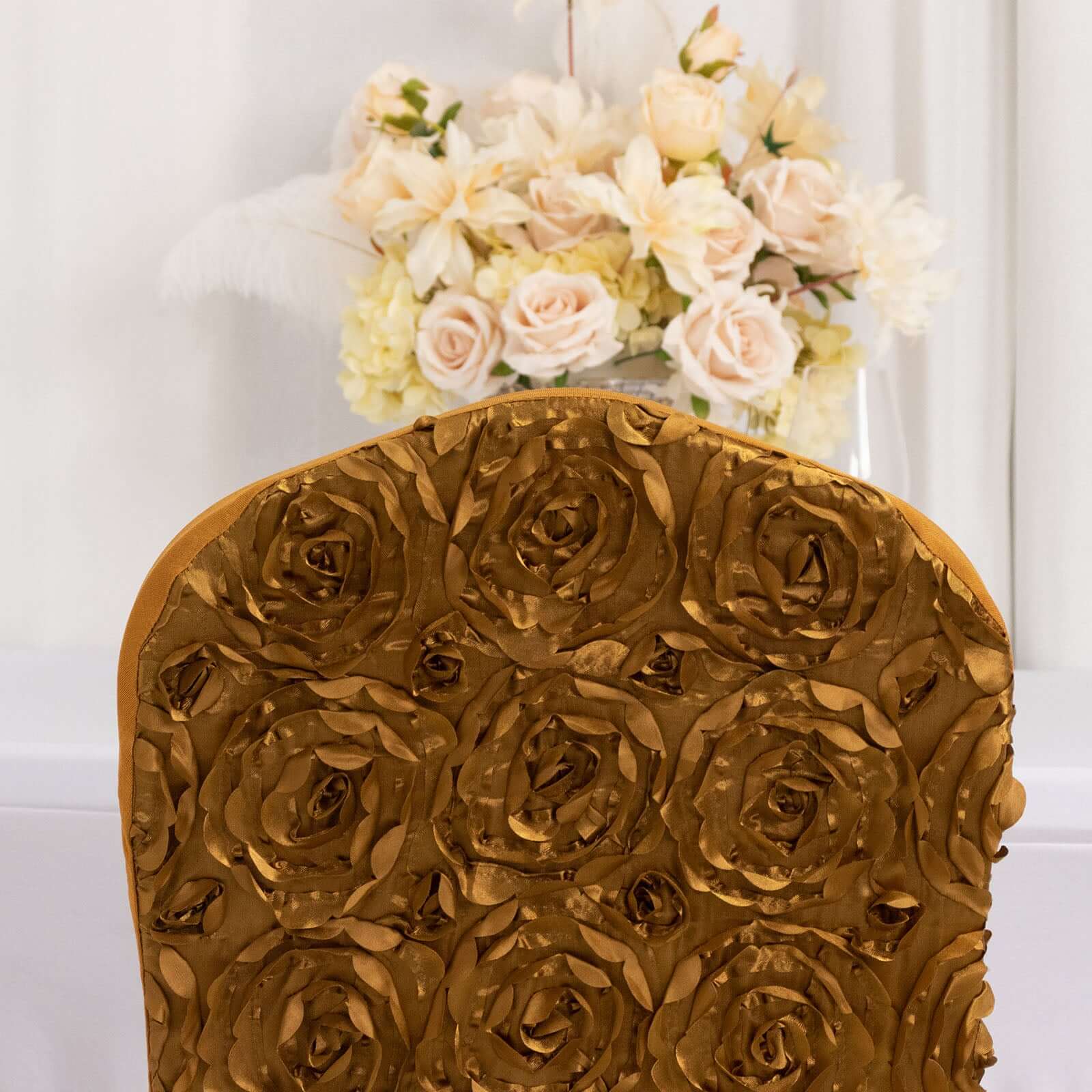 Satin Rosette Spandex Stretch Banquet Chair Cover Gold - Fitted Slip-On Slipcover for Weddings & Events - Image 3