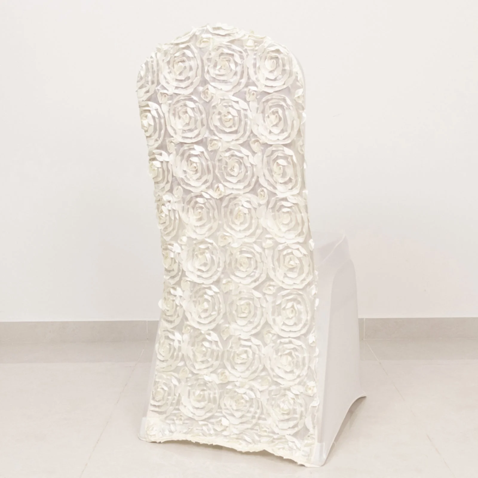 Satin Rosette Spandex Stretch Banquet Chair Cover Ivory - Fitted Slip-On Slipcover