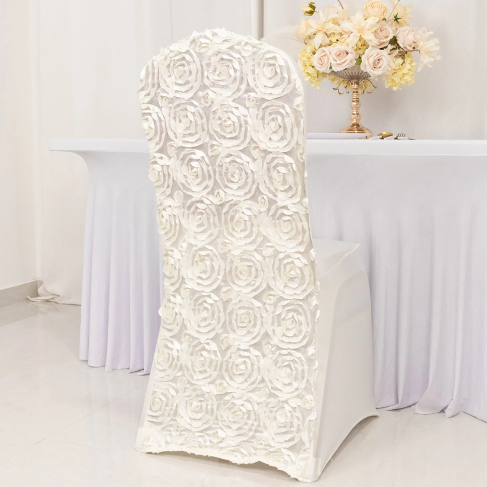 Satin Rosette Spandex Stretch Banquet Chair Cover Ivory - Fitted Slip-On Slipcover - Image 7