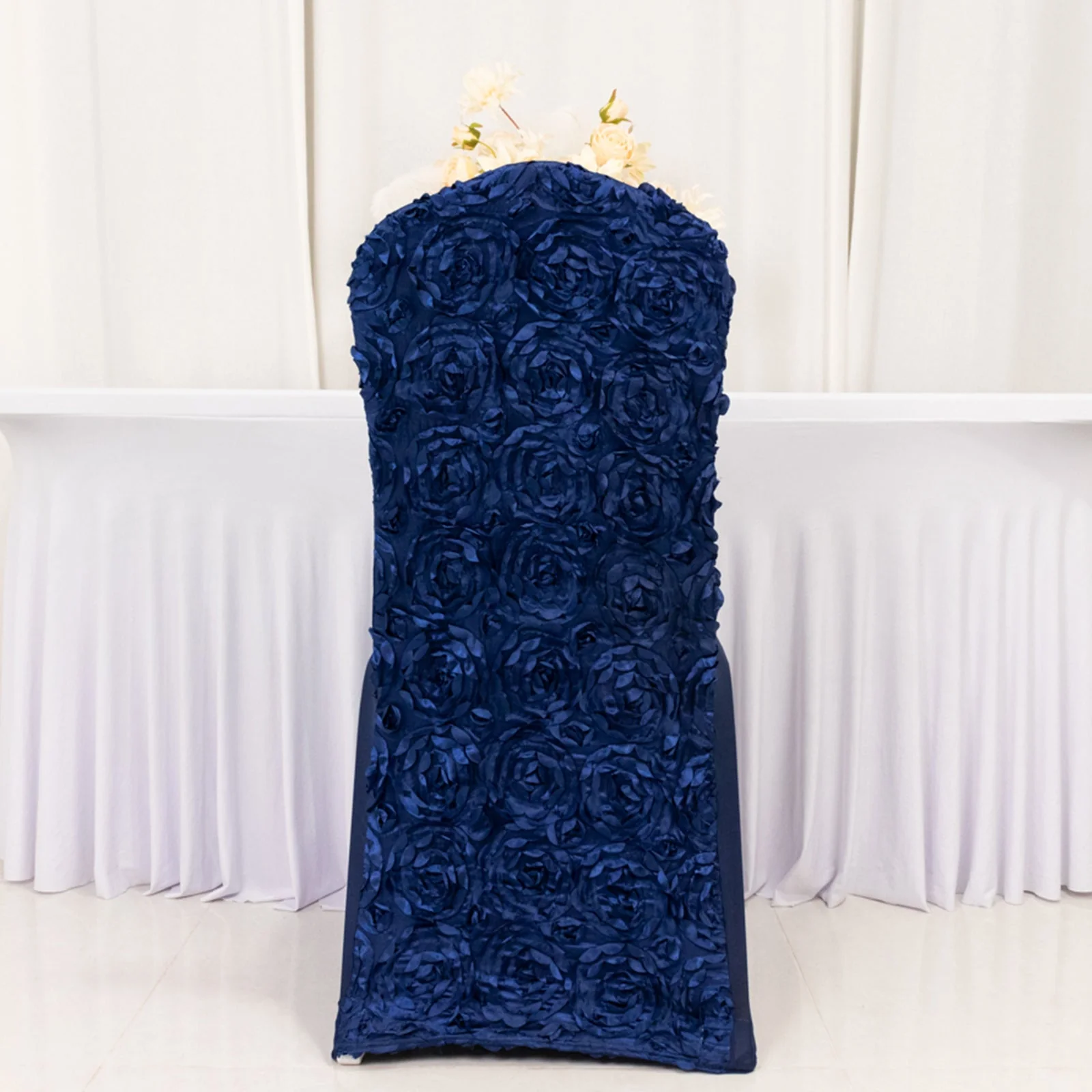 Satin Rosette Spandex Stretch Banquet Chair Cover Navy Blue - Fitted Slip-On Slipcover - Image 2