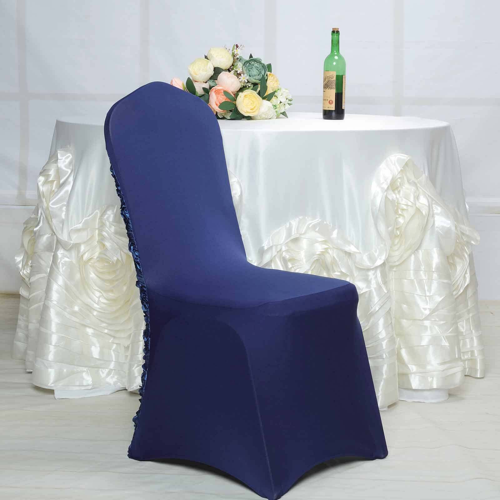 Satin Rosette Spandex Stretch Banquet Chair Cover Navy Blue - Fitted Slip-On Slipcover - Image 7
