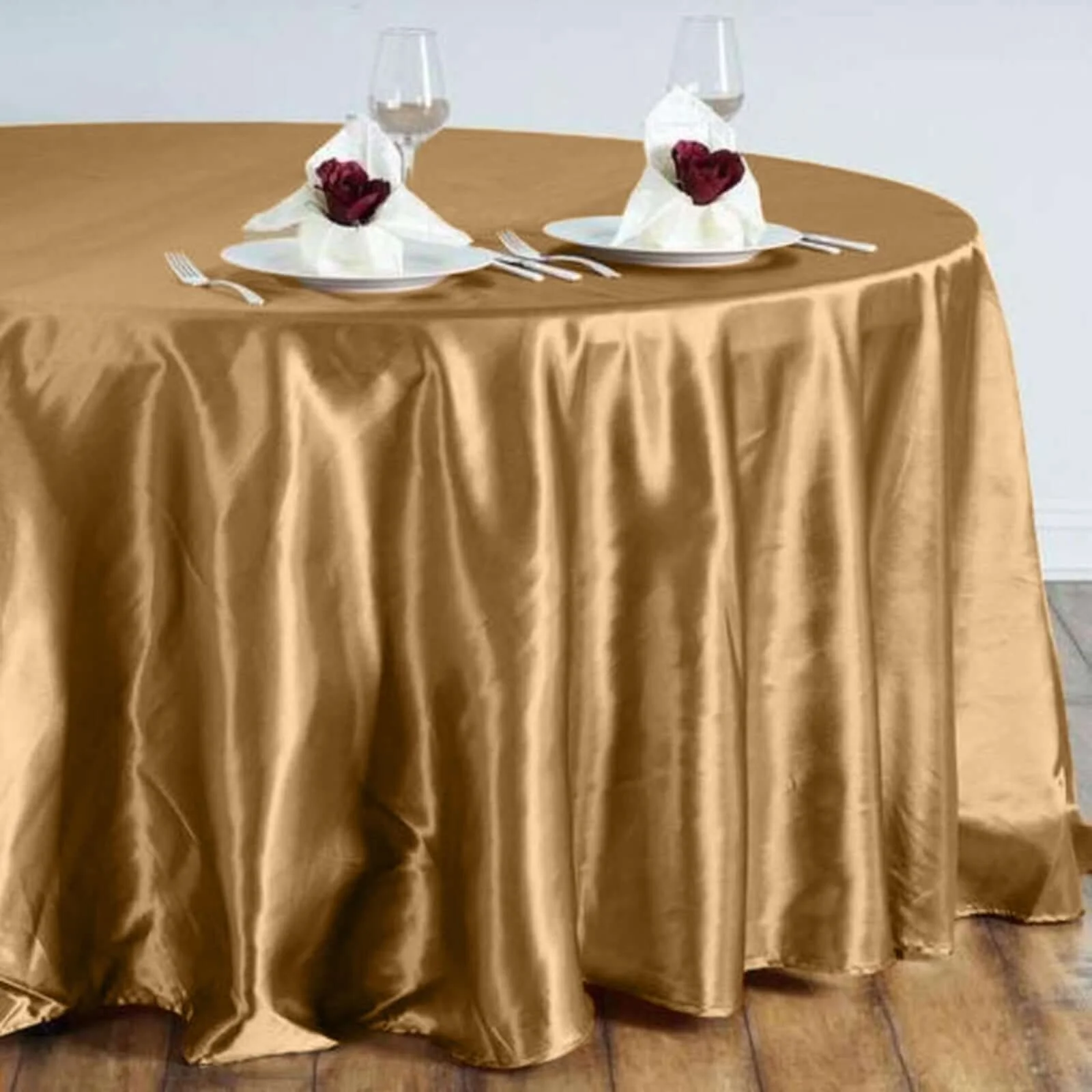 Satin Round Tablecloth 108" Gold - Smooth & Durable Table Cover for Polished Event Decor - Image 2