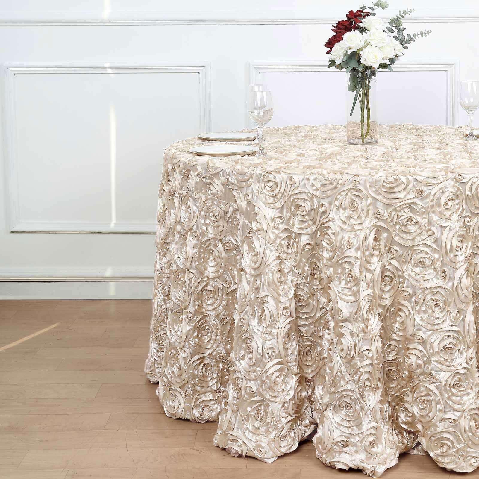 Satin Round Tablecloth 120" Beige - Grandiose 3D Rosette Table Cover - Image 2