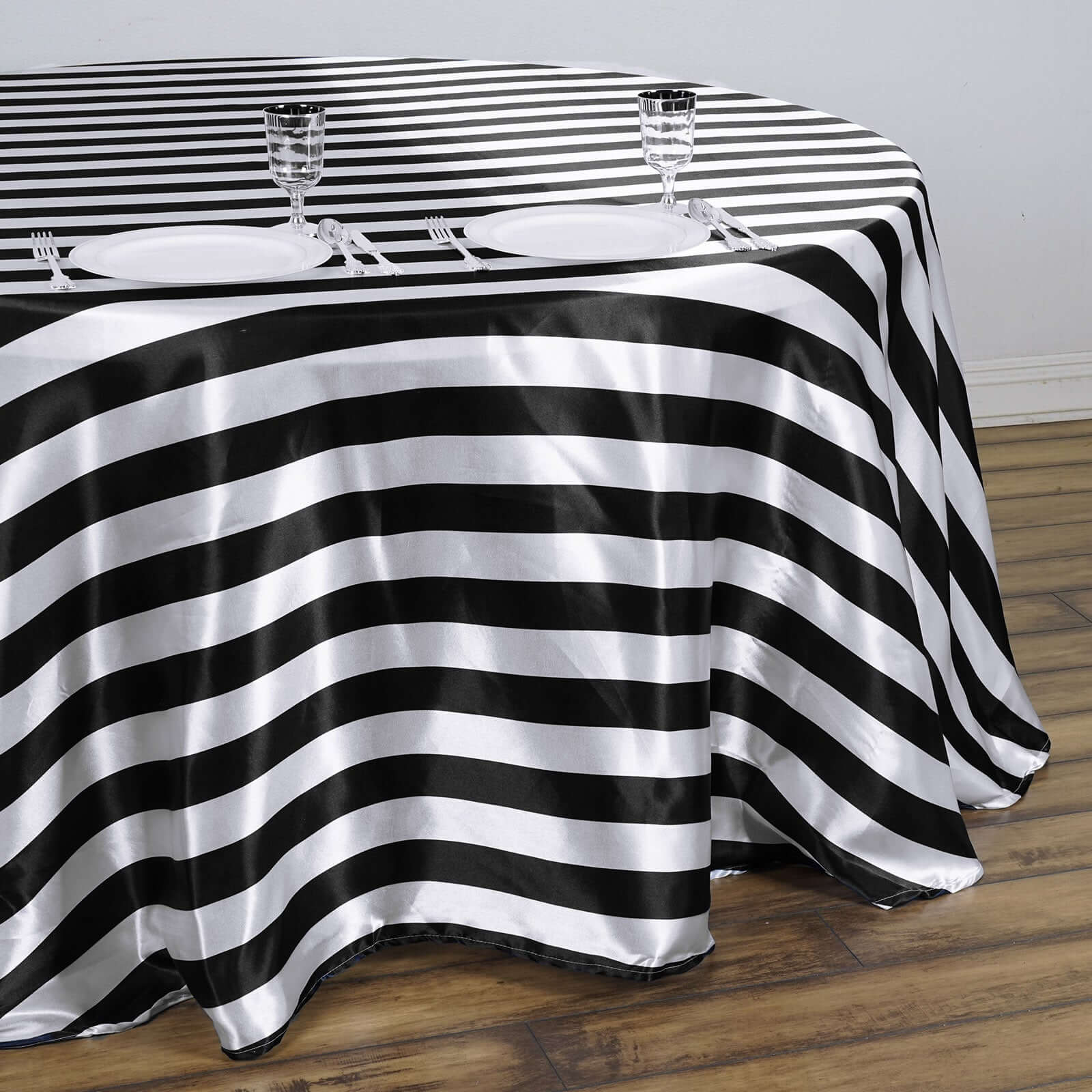 Satin Round Tablecloth 120" Black/White Striped Design - Durable & Seamless Table Cover - Image 2