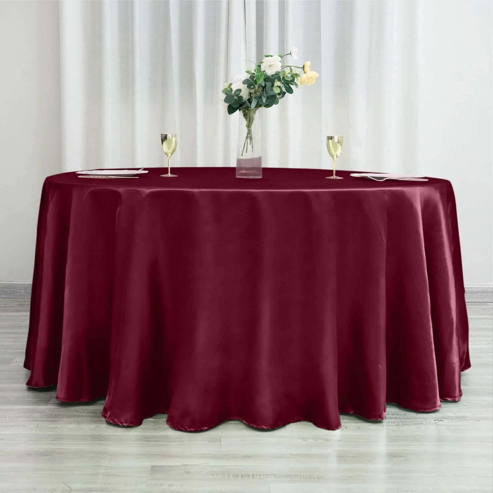 Satin Round Tablecloth 120" Burgundy - Seamless Table Cover - Image 3