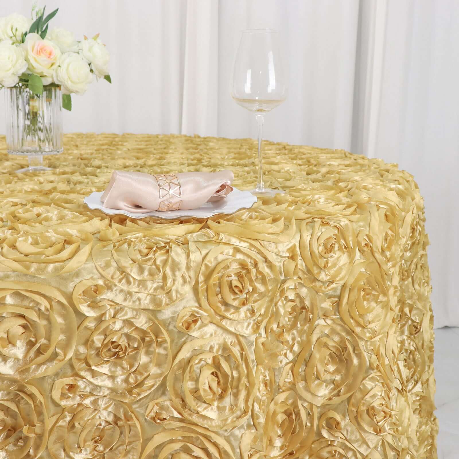 Satin Round Tablecloth 120" Champagne - Grandiose 3D Rosette Table Cover - Image 2