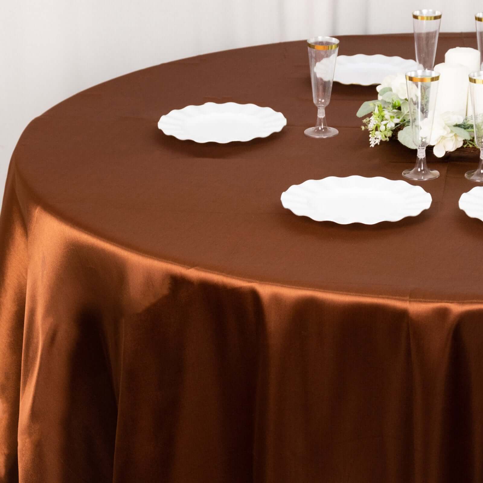 Satin Round Tablecloth 120" Cinnamon Brown - Seamless Table Cover - Image 3