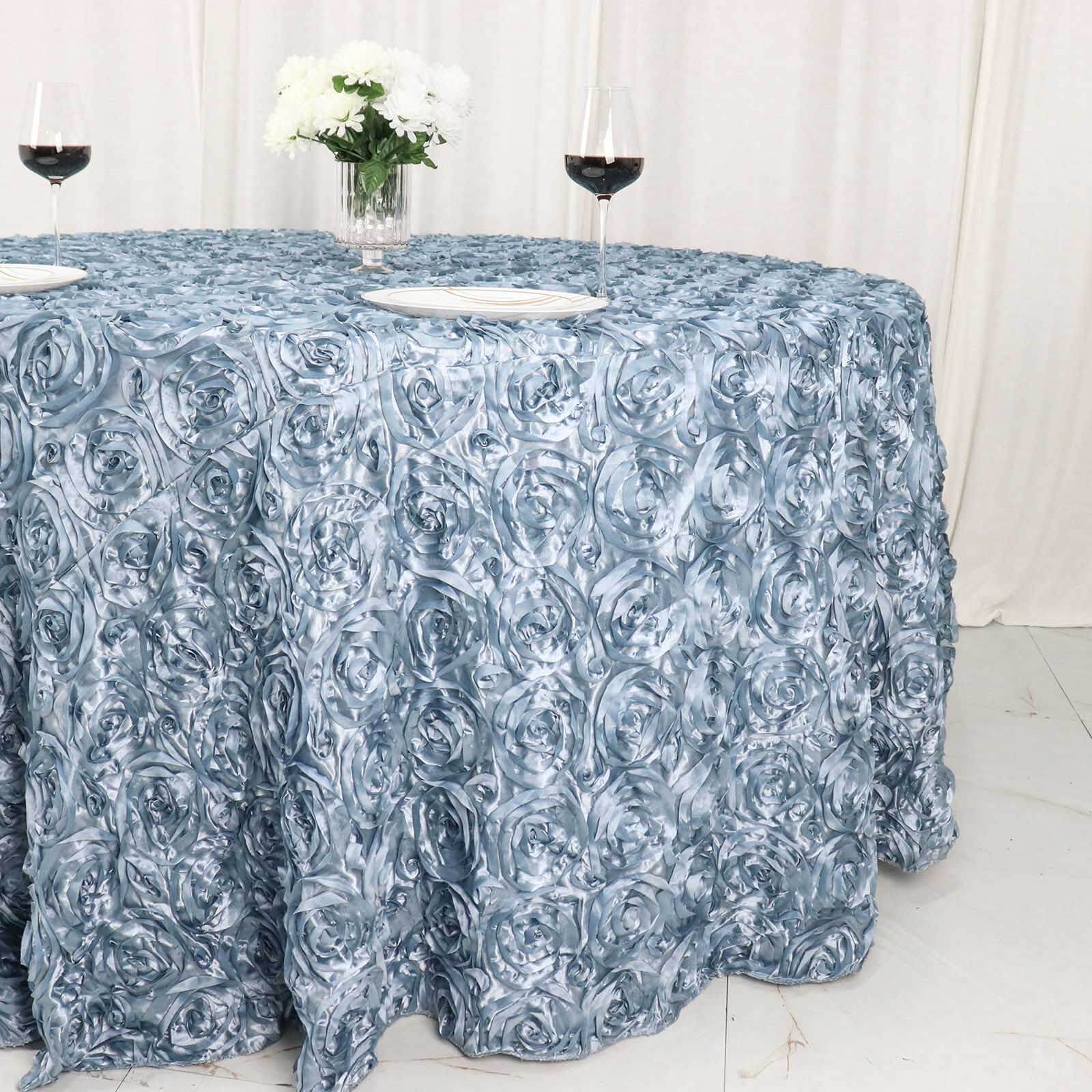 Satin Round Tablecloth 120" Dusty Blue - Grandiose 3D Rosette Table Cover - Image 5
