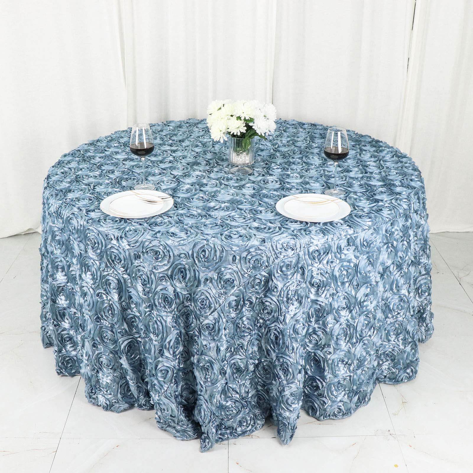 Satin Round Tablecloth 120" Dusty Blue - Grandiose 3D Rosette Table Cover - Image 8