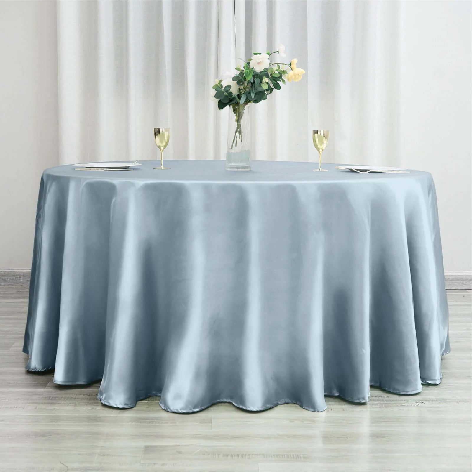 Satin Round Tablecloth 120" Dusty Blue - Seamless Table Cover - Image 3