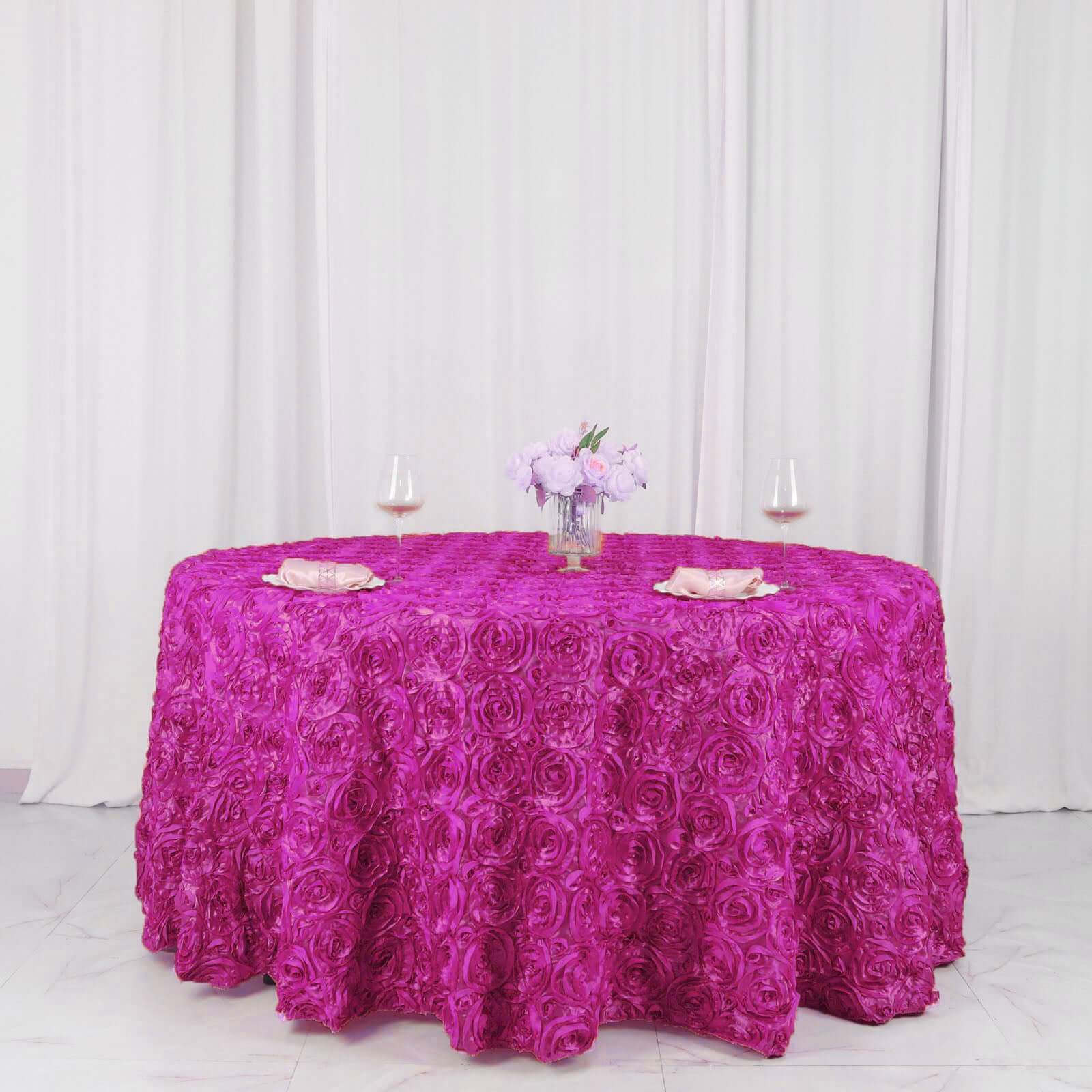 Satin Round Tablecloth 120" Fuchsia - Grandiose 3D Rosette Table Cover - Image 5