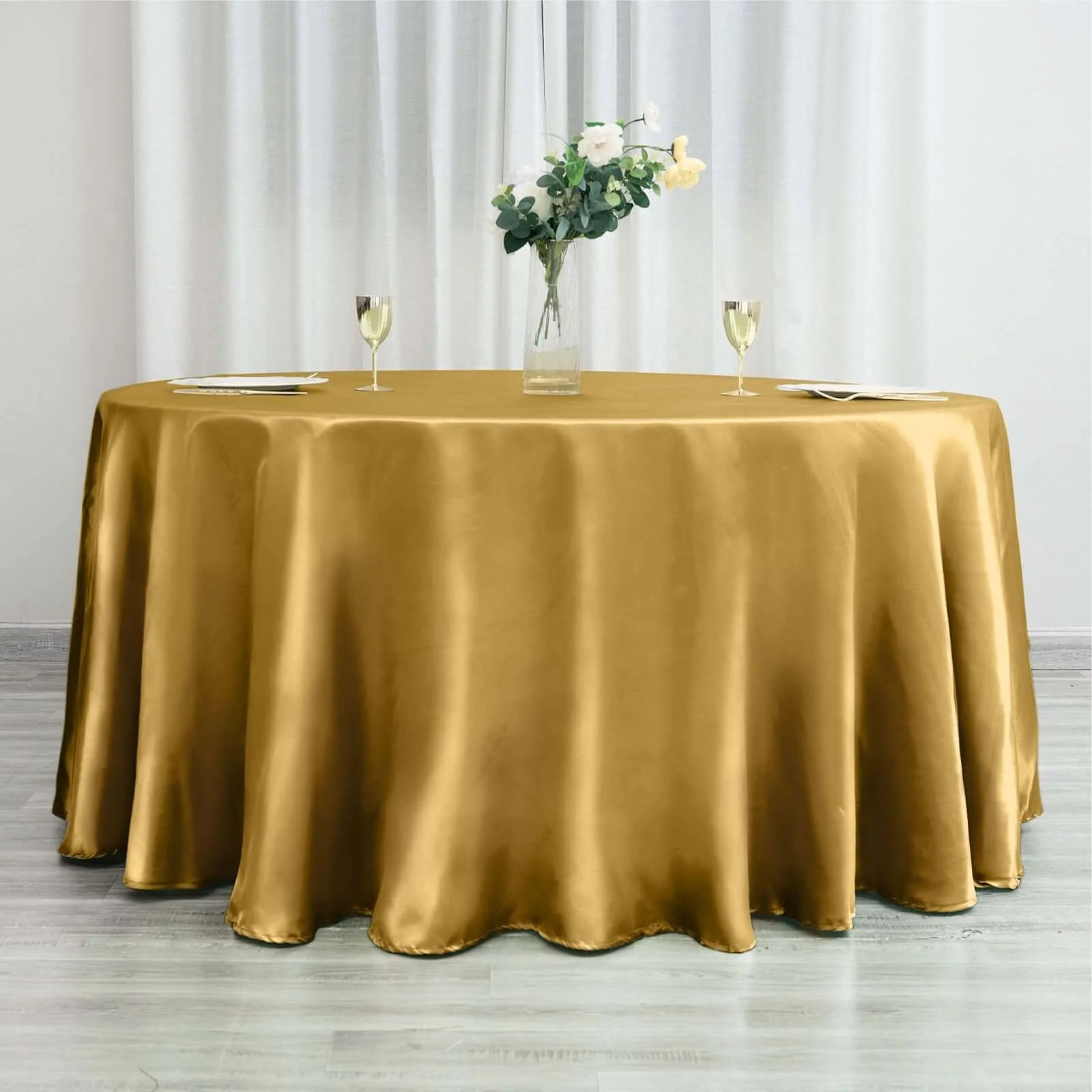 Satin Round Tablecloth 120" Gold - Classy Seamless Table Cover for Weddings & Events - Image 3