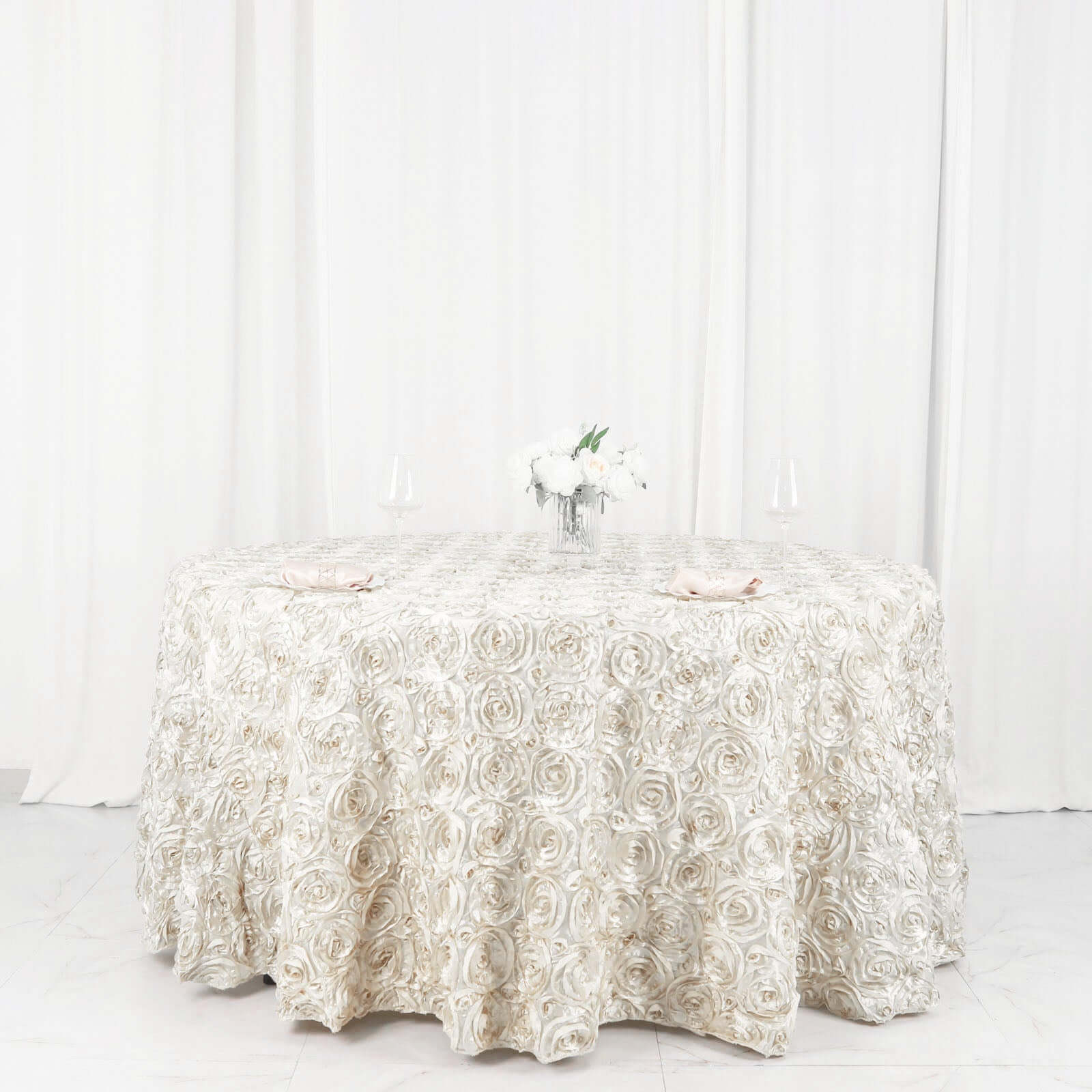 Satin Round Tablecloth 120" Ivory - Grandiose 3D Rosette Table Cover - Image 6