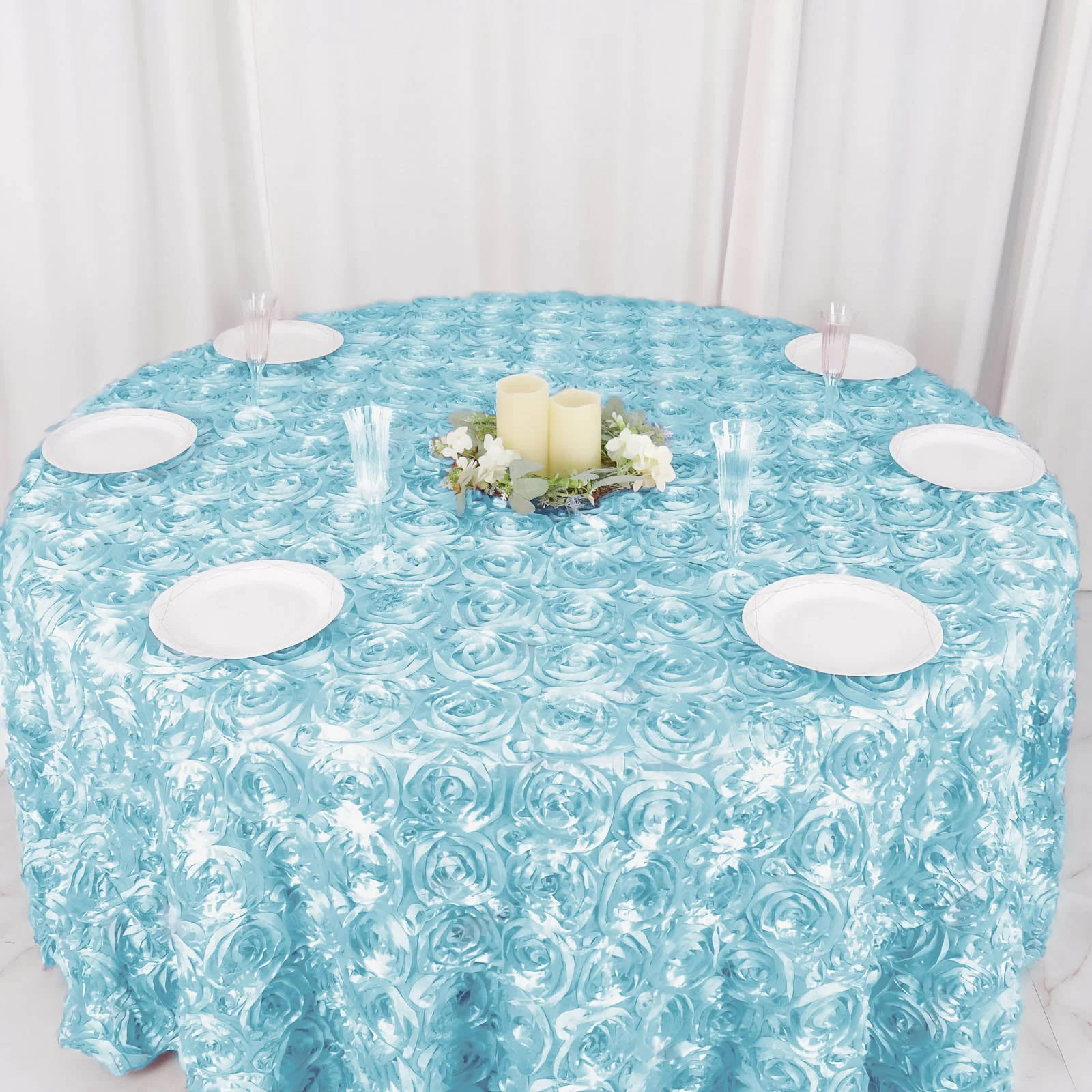 Satin Round Tablecloth 120" Light Blue - Grandiose 3D Rosette Table Cover - Image 7