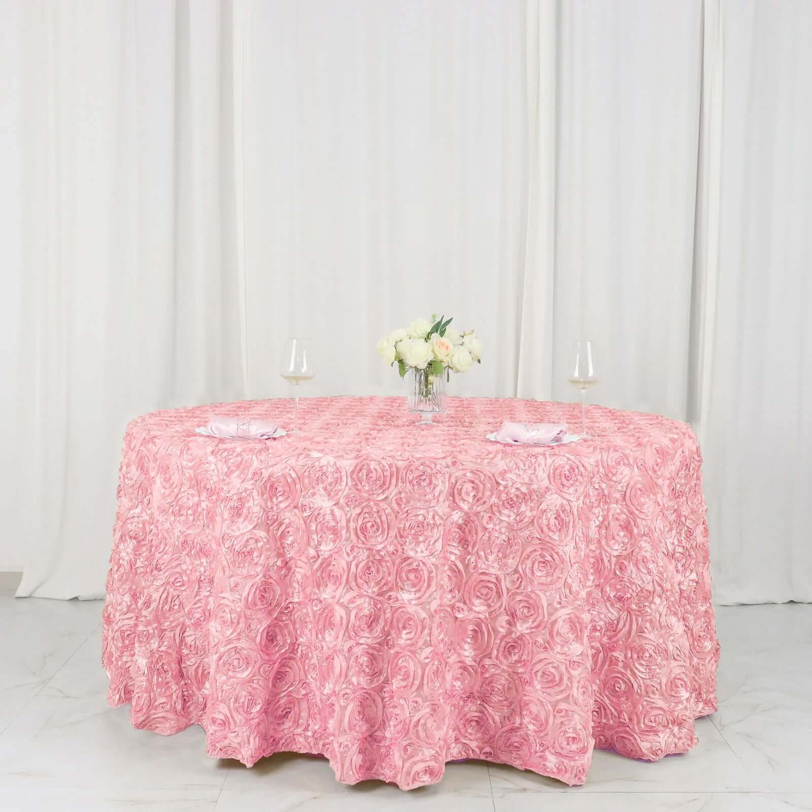 Satin Round Tablecloth 120" Pink - Grandiose 3D Rosette Table Cover - Image 5