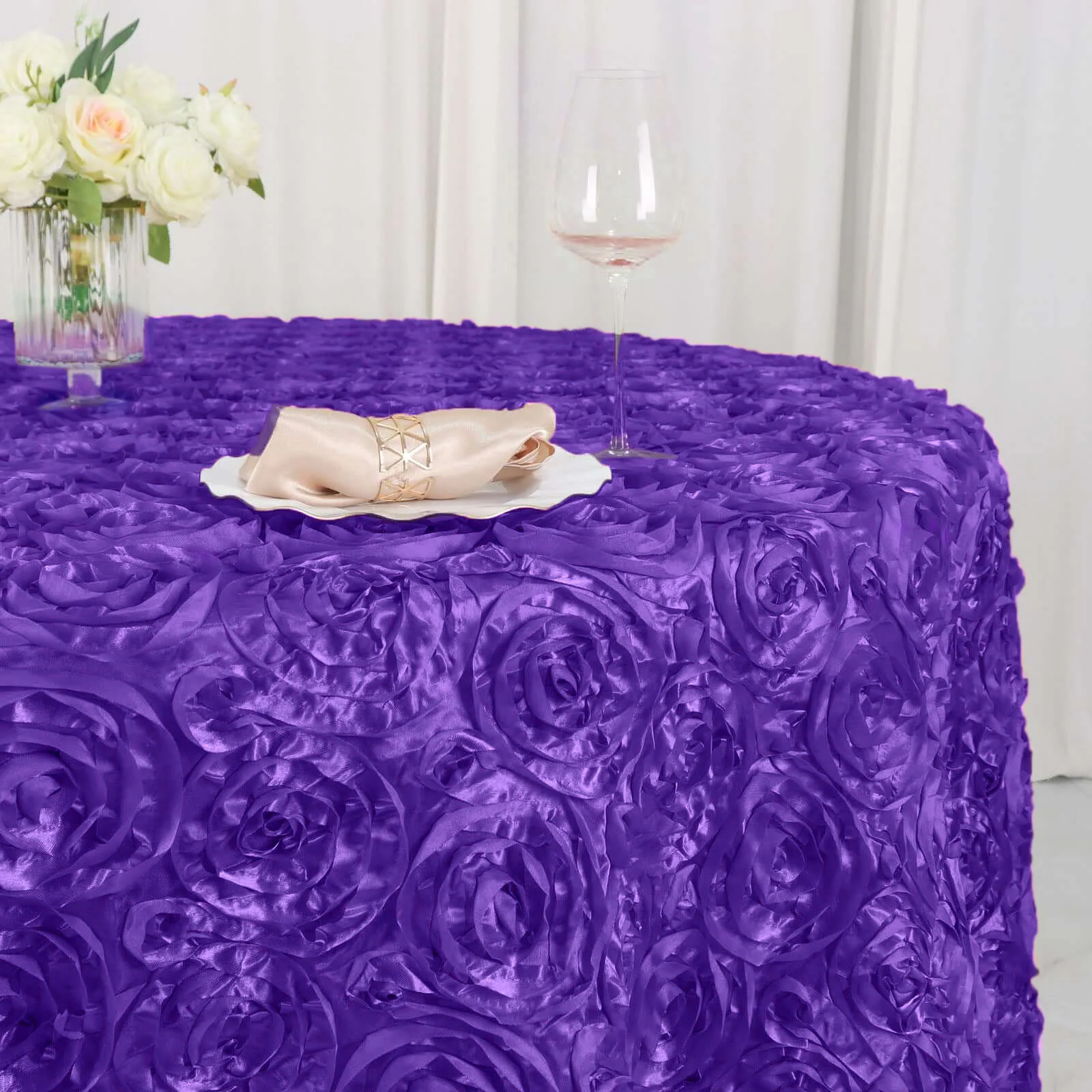 Satin Round Tablecloth 120" Purple - Grandiose 3D Rosette Table Cover - Image 5